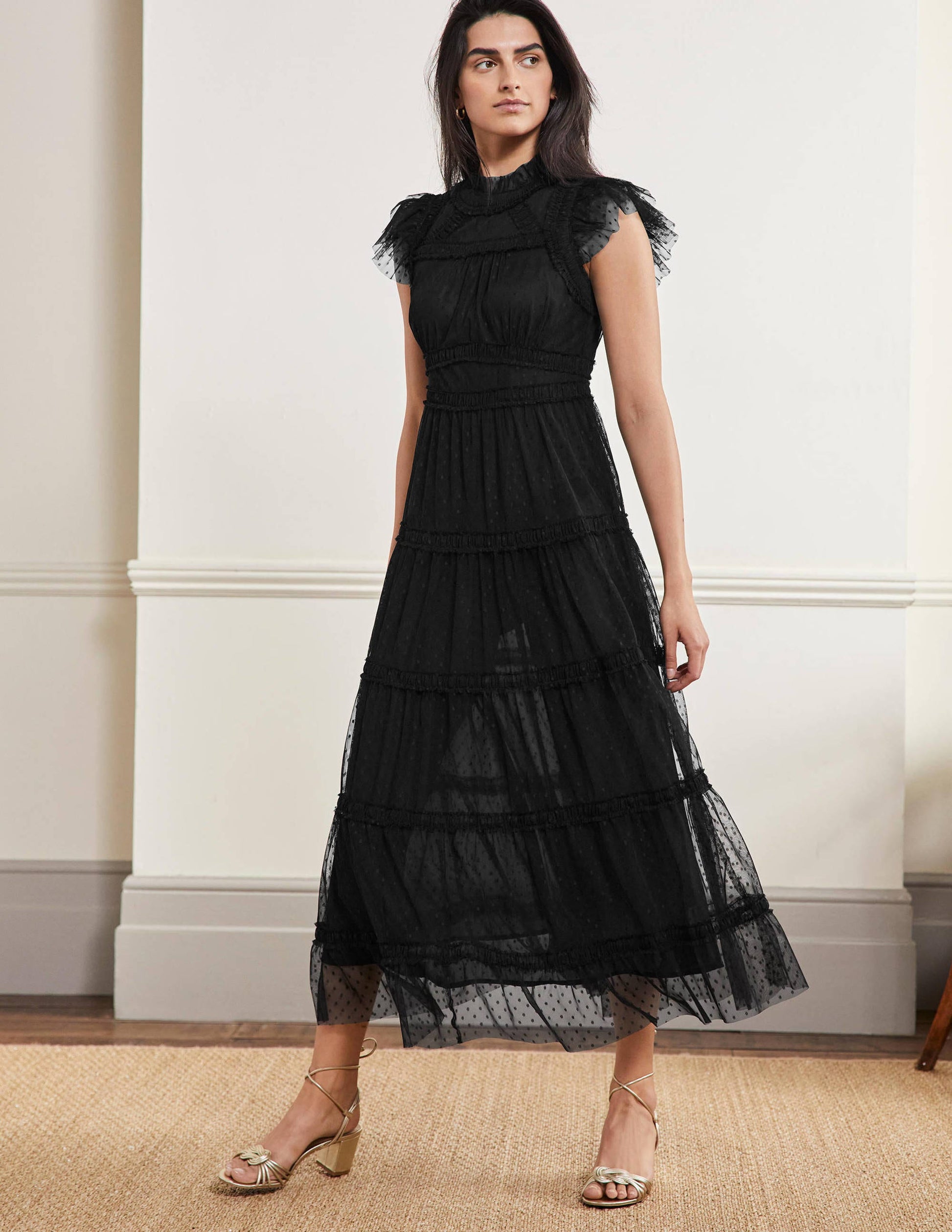 Edie Gestuftes Midi-Tüllkleid-Schwarz-1