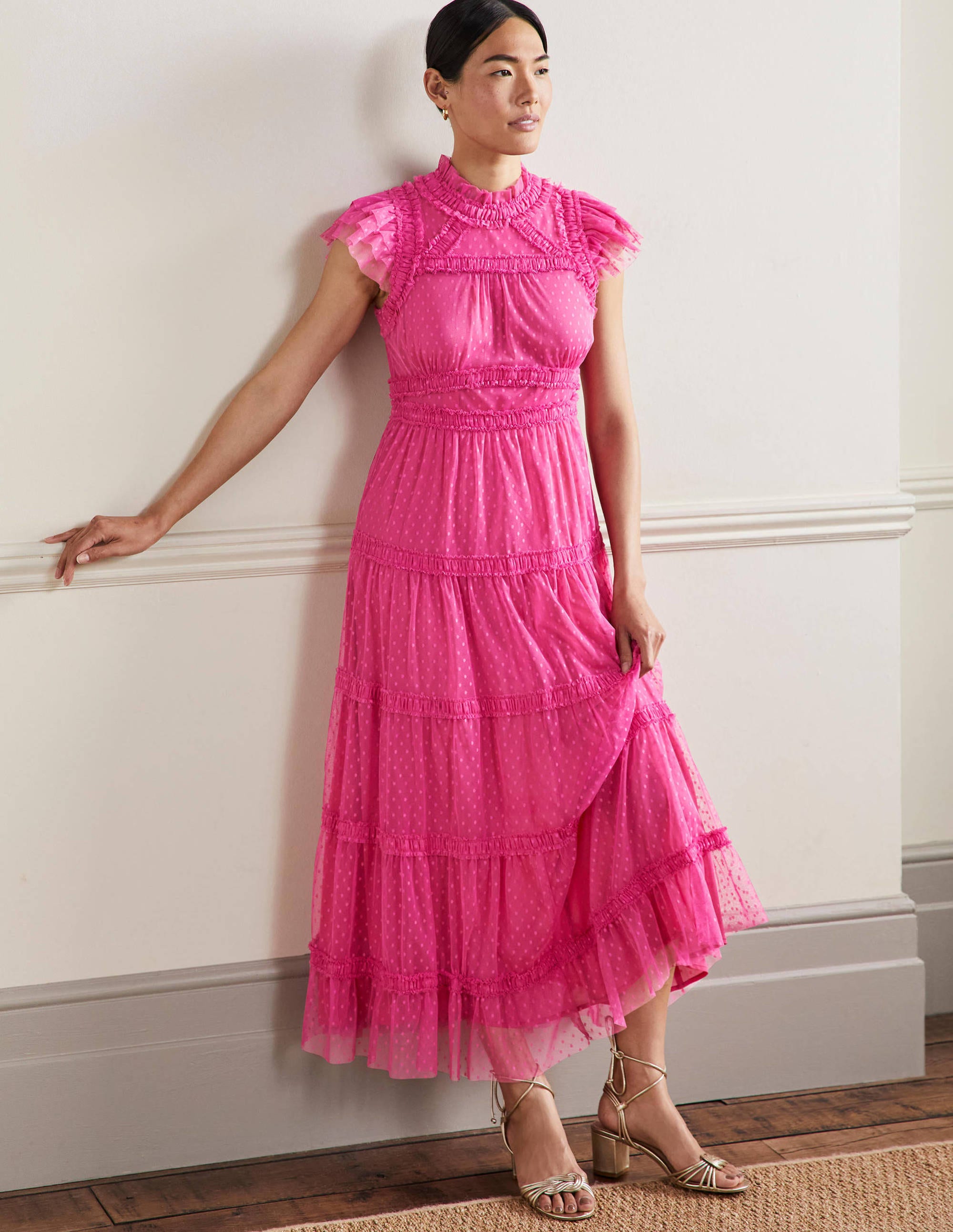 Robe midi Edie à volants en tulle-Rose festif - Image 4