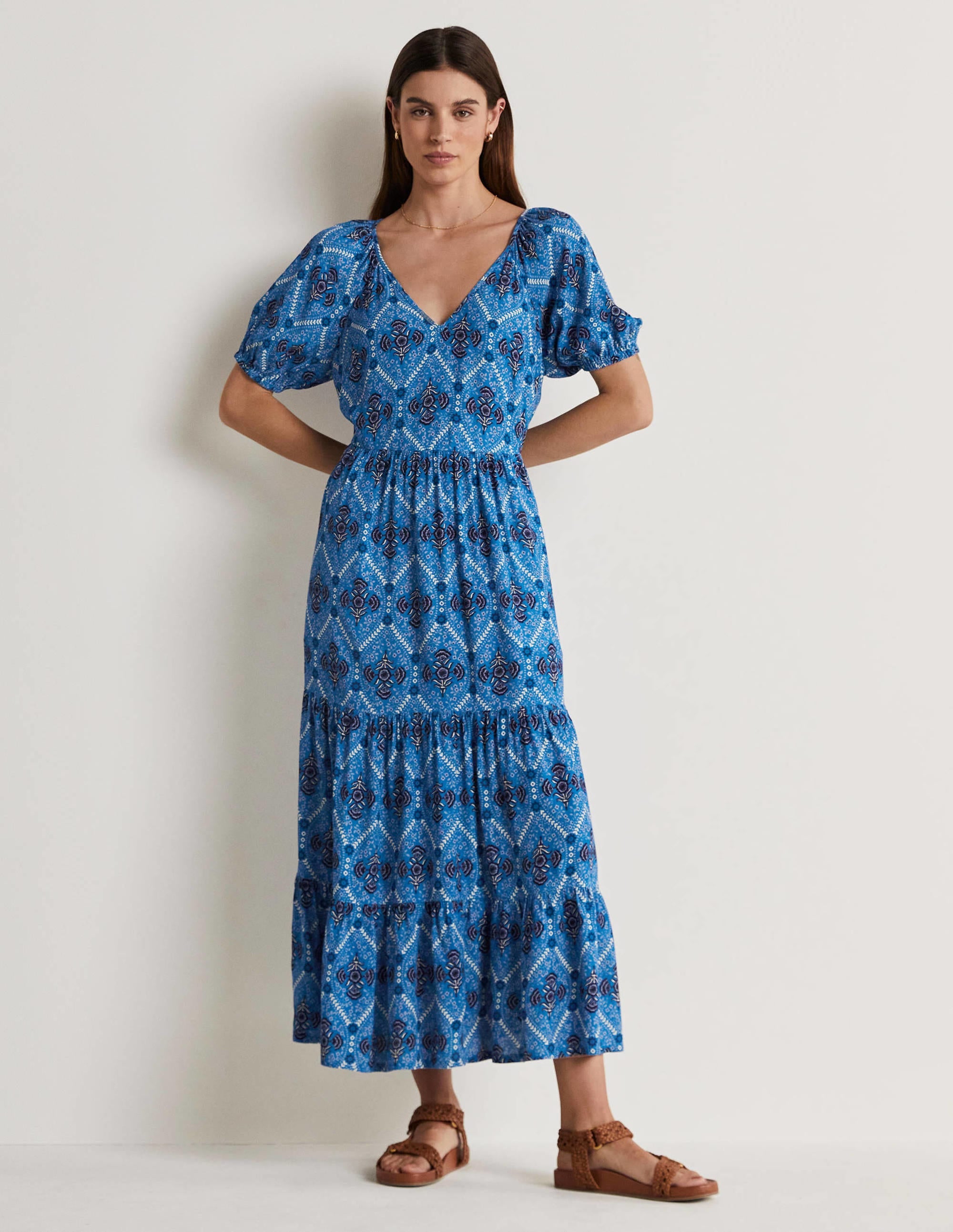 V-Neck Midi Dress-Mosaic Blue, Poppy Bloom - Image 1