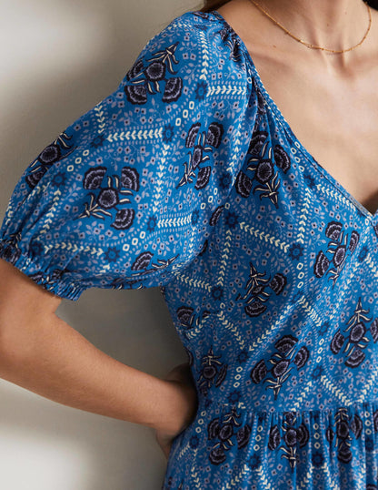 Midikleid mit V-Ausschnitt-Mosaikblau, Mohnblumen