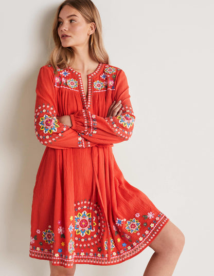 Baumwollkleid mit Stickerei-Kräftiges Papayaorange