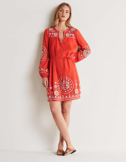Baumwollkleid mit Stickerei-Kräftiges Papayaorange