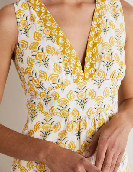 Ärmelloses Maxikleid aus Baumwolle-Naturweiß, Geometrisches Blumenmuster
