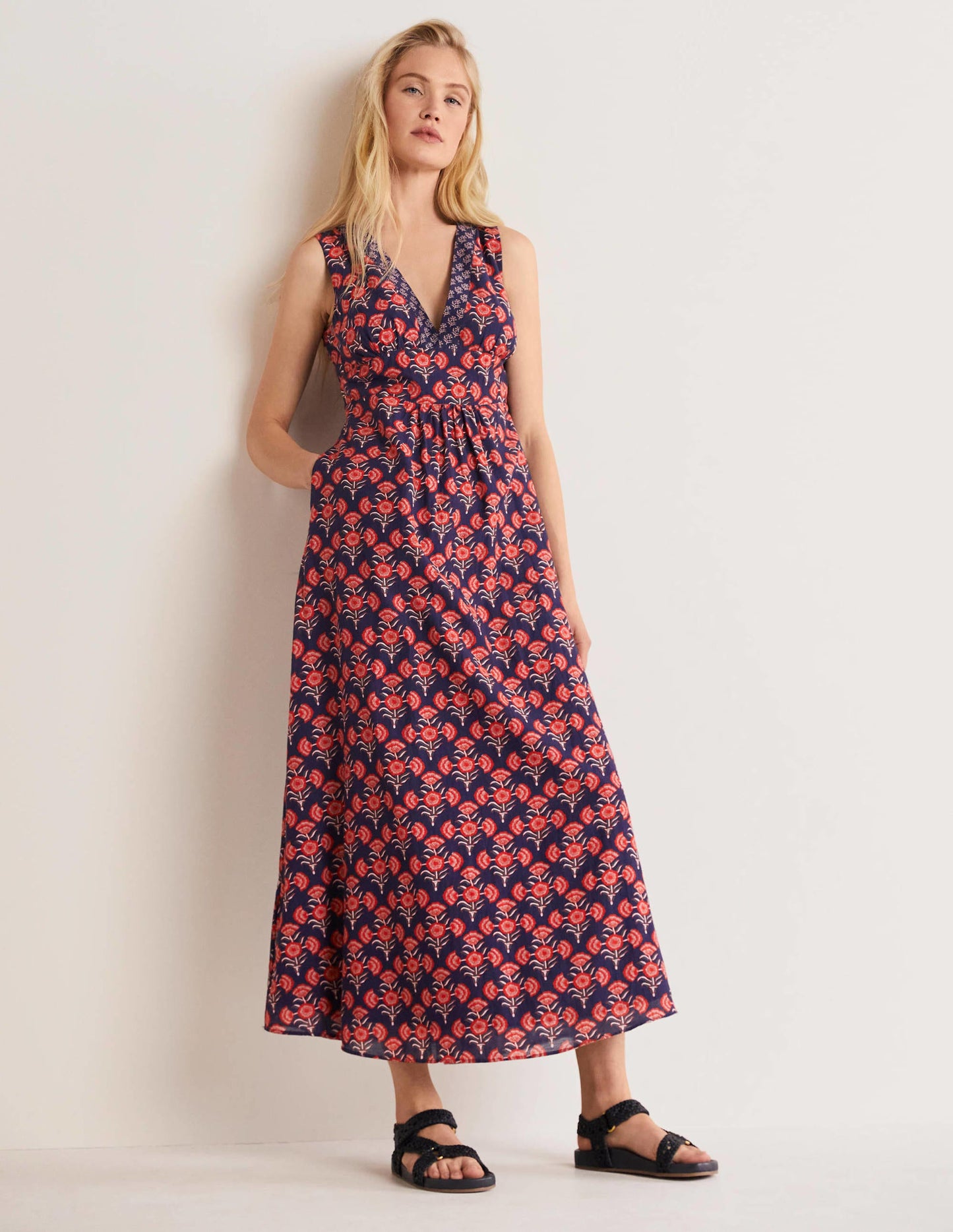 Ärmelloses Maxikleid aus Baumwolle-Azalee, Geometrisches Blumenmuster