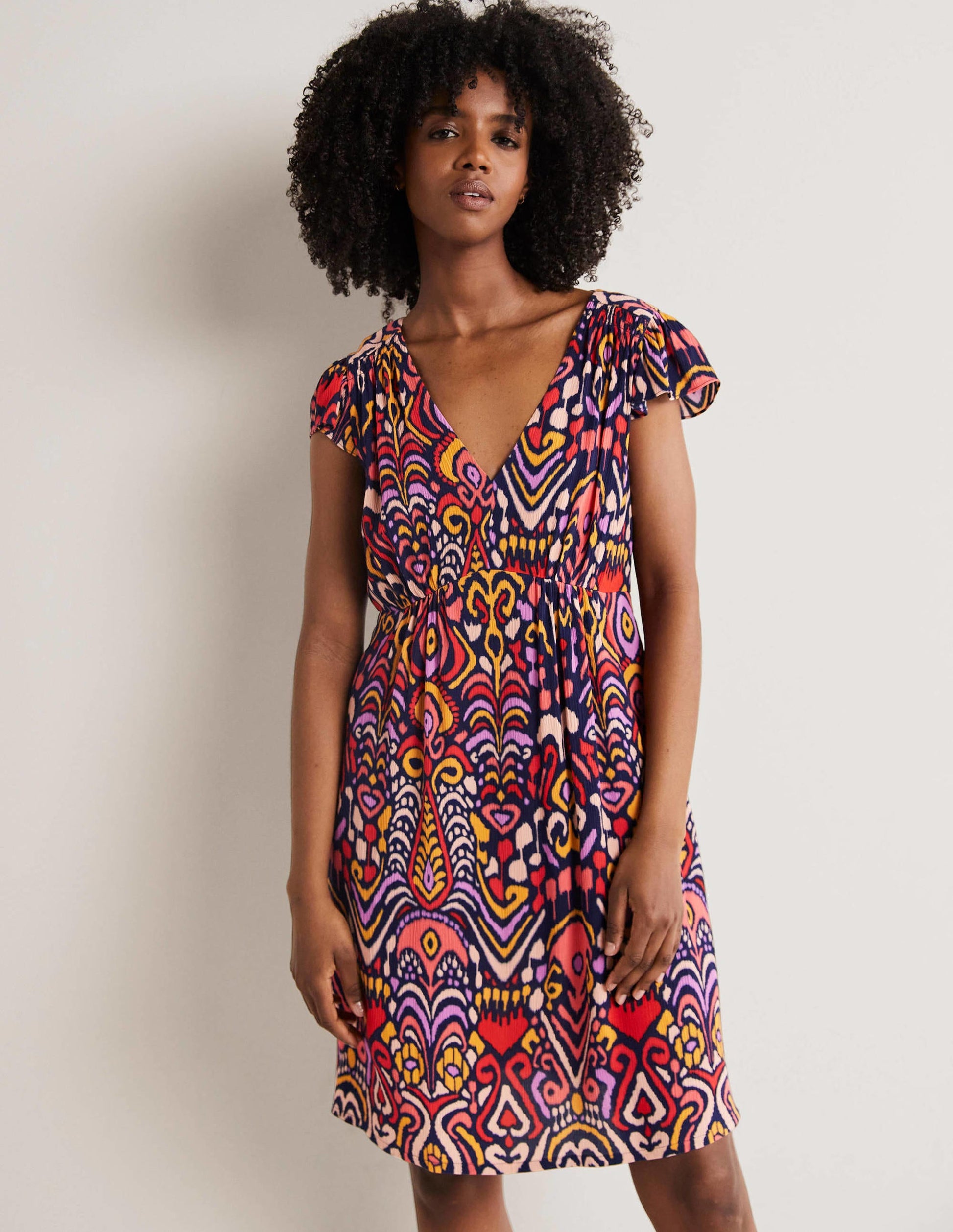Grace Kleid mit Flatterärmeln-Navy, Ikat-Muster-1