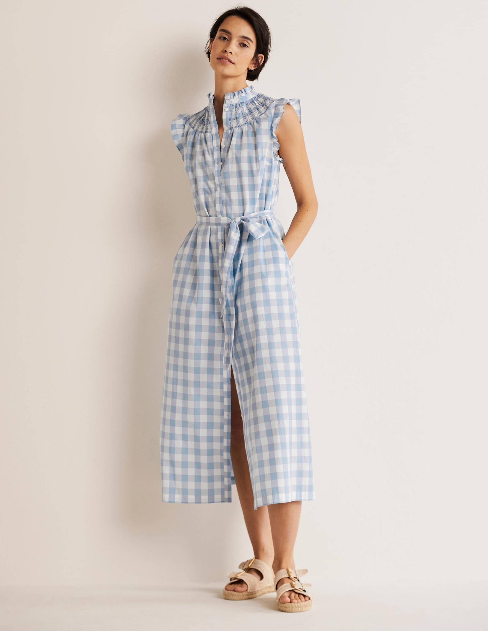 Jane Midi-Hemdblusenkleid mit Smokdetail-Graublau, Vichykaros - Image 1
