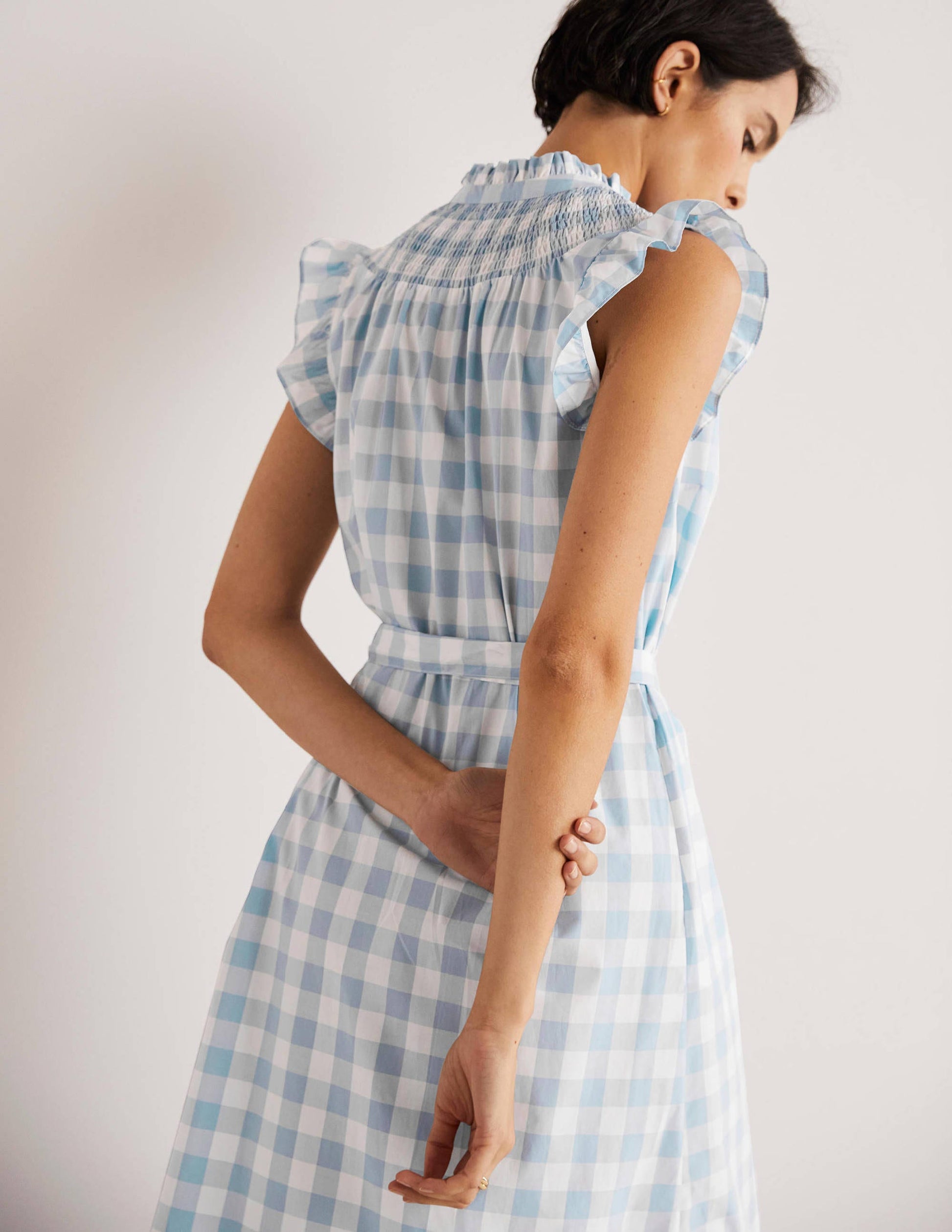 Jane Midi-Hemdblusenkleid mit Smokdetail-Graublau, Vichykaros-3