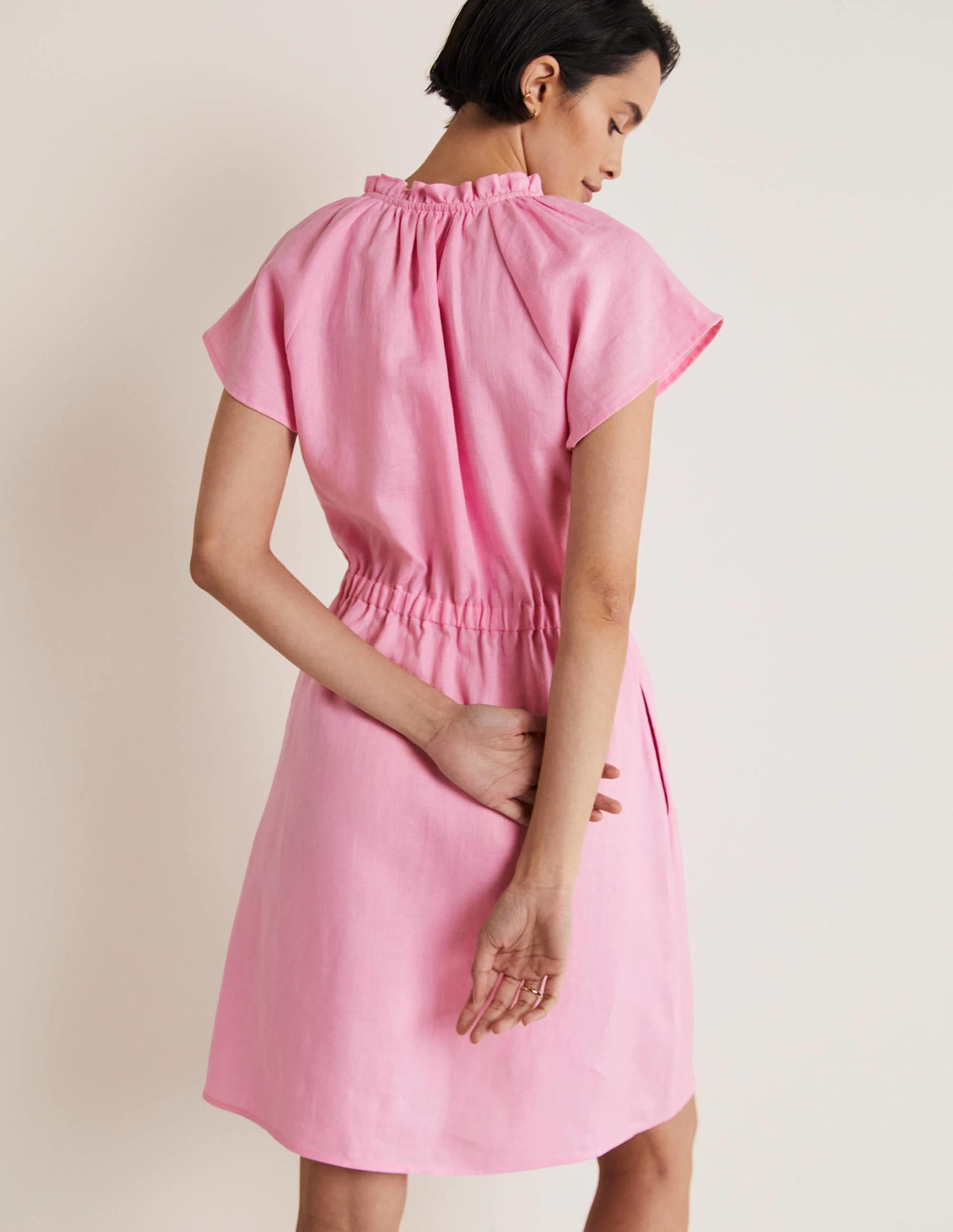Kurzärmeliges Leinenkleid-Bonbonrosa - Image 3