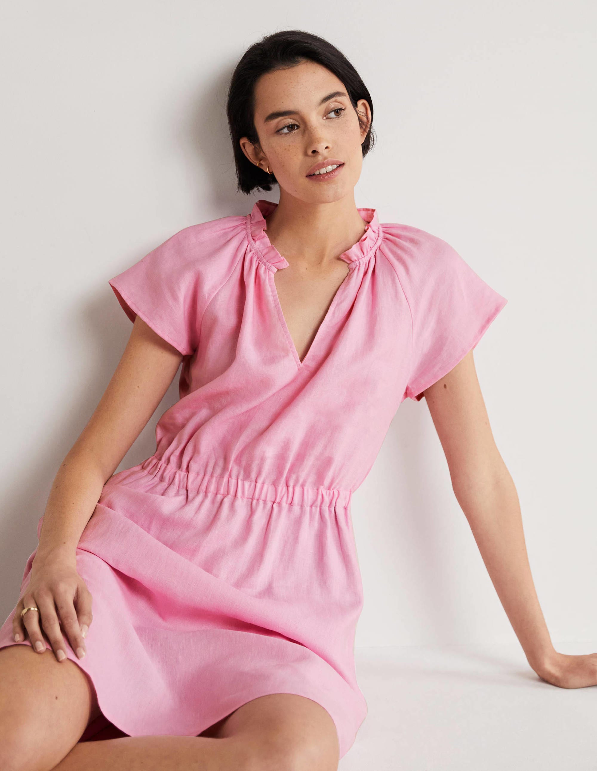 Kurzärmeliges Leinenkleid-Bonbonrosa - Image 4