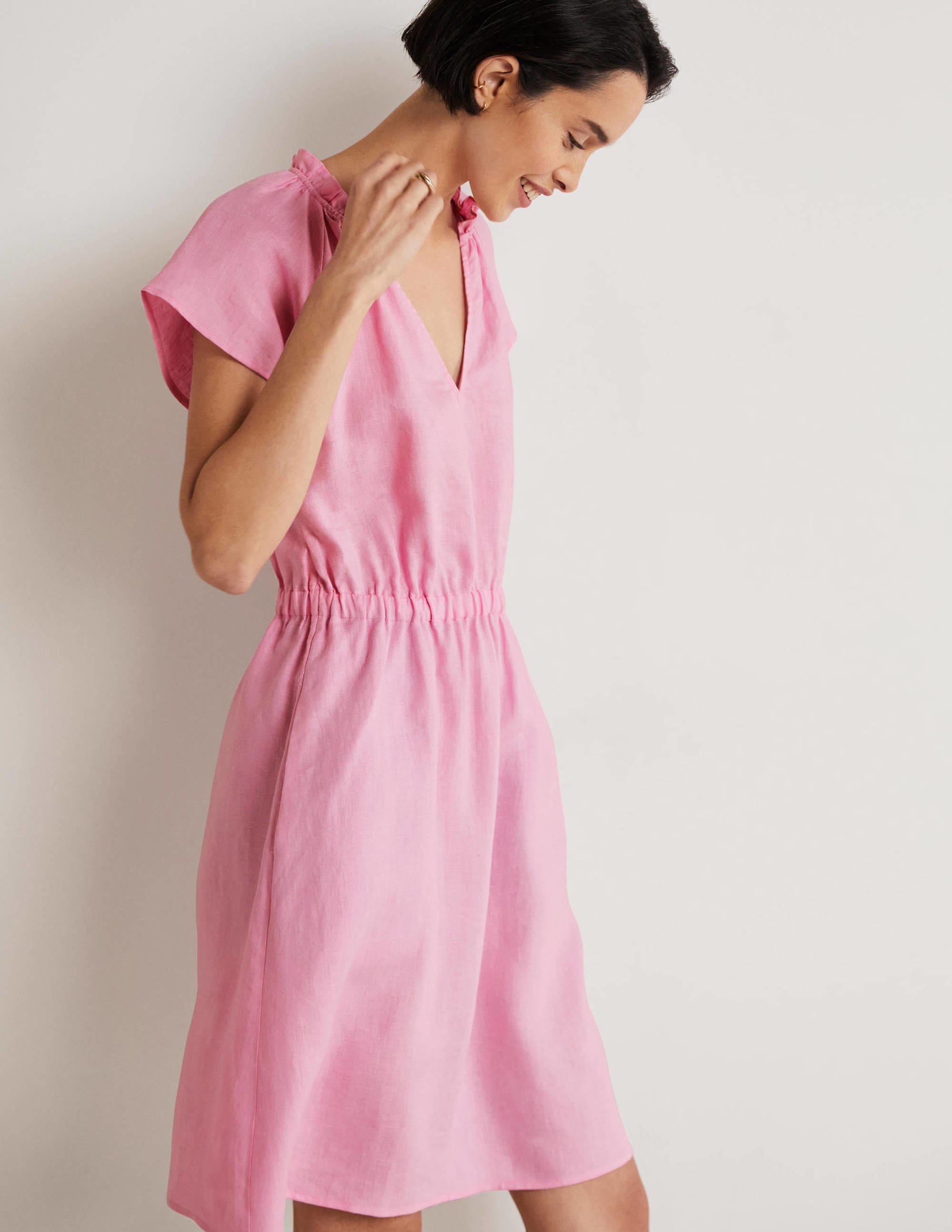 Kurzärmeliges Leinenkleid-Bonbonrosa - Image 5