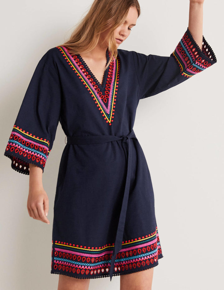 Embroidered Kaftan Dress-Navy