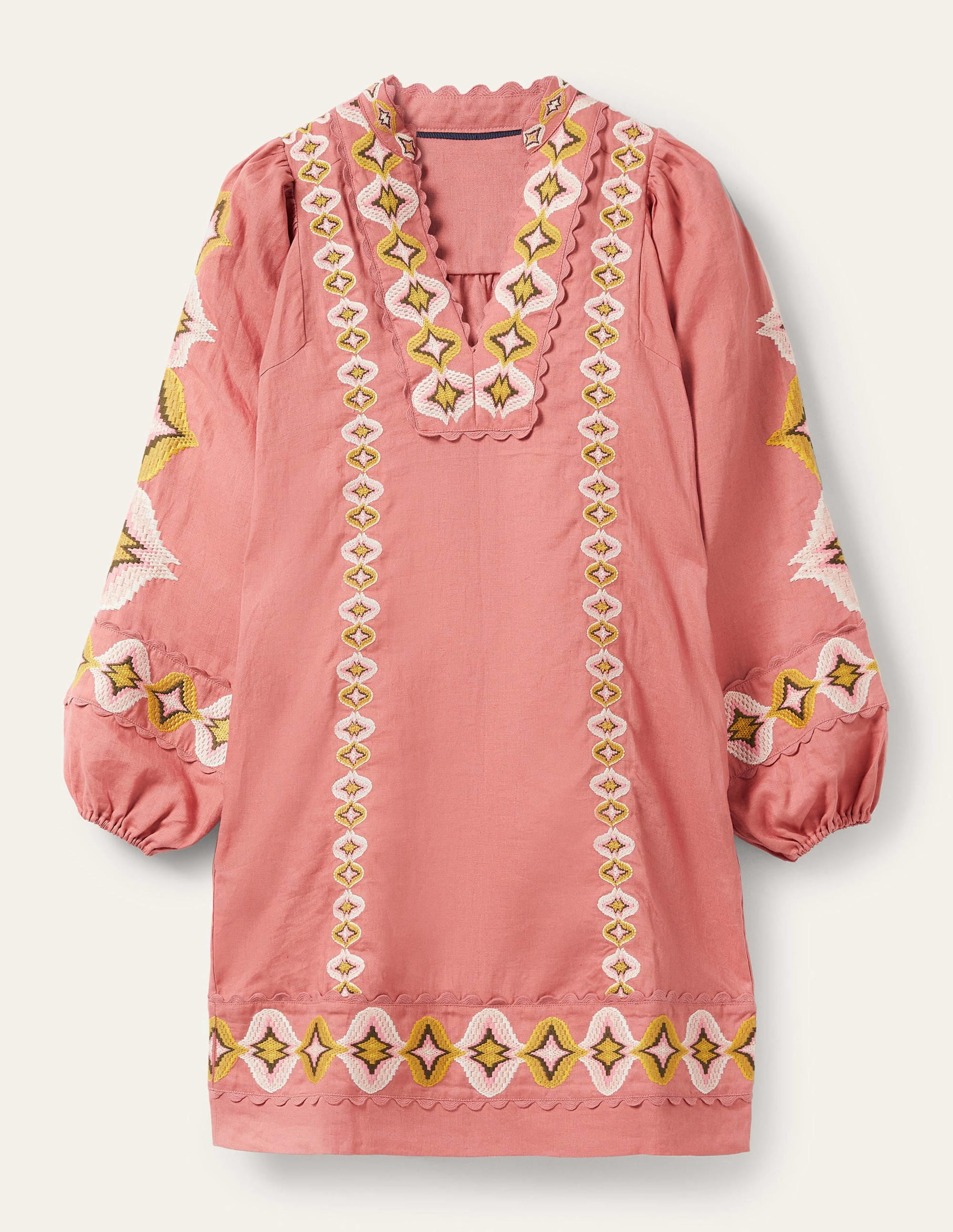 Embroidered Linen Mini Dress-Dusty Red - Image 7