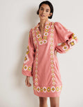 Embroidered Linen Mini Dress-Dusty Red