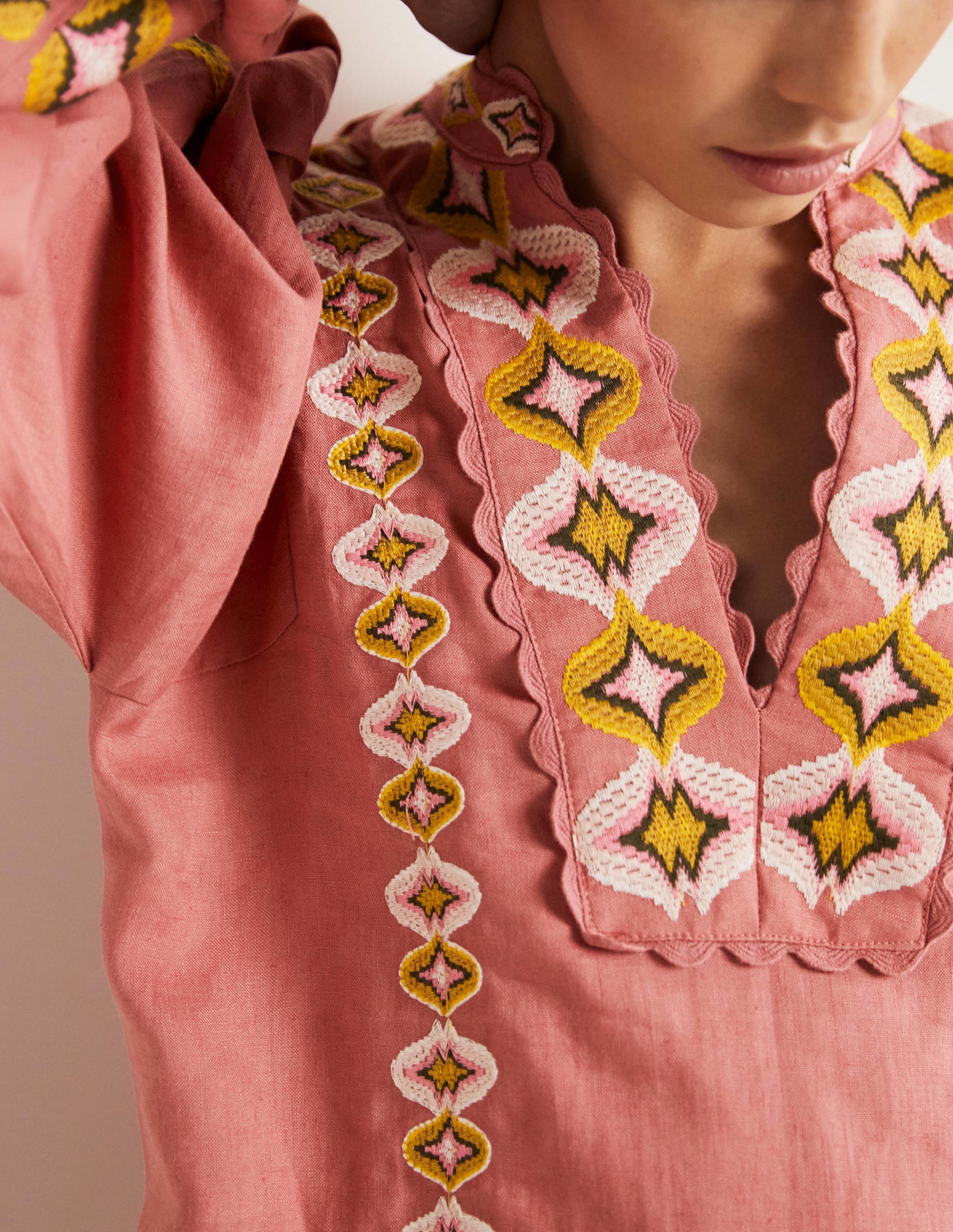 Embroidered Linen Mini Dress-Dusty Red - Image 2