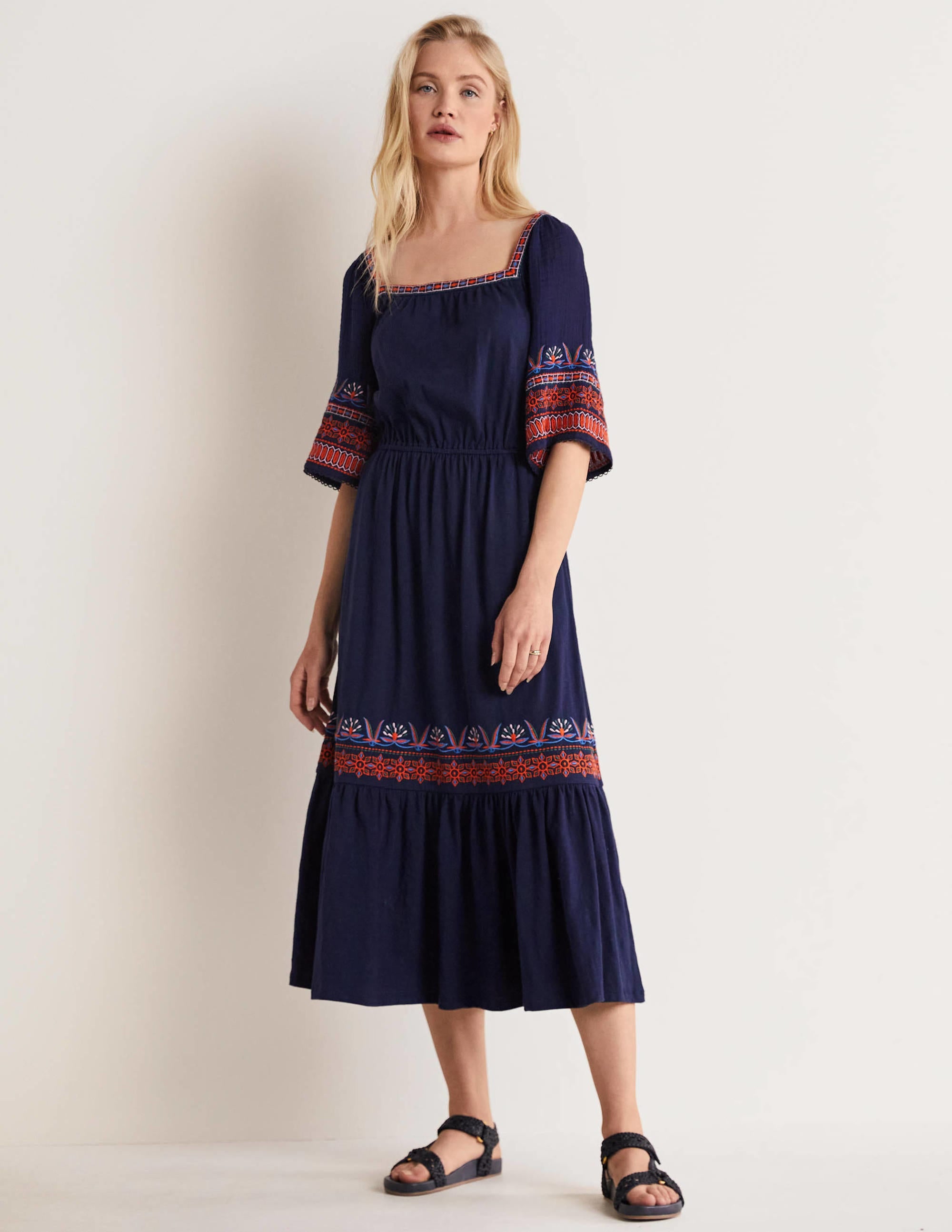 Jersey Embroidered Midi Dress-Navy - Image 1