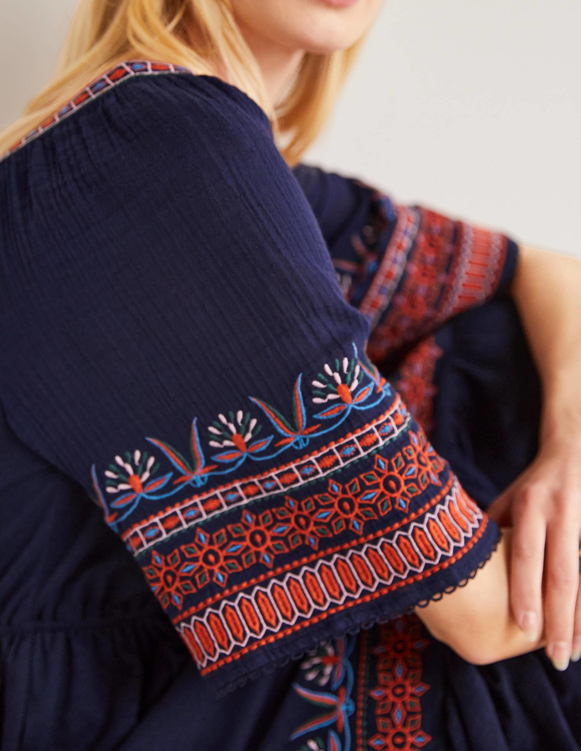 Jersey Embroidered Midi Dress-Navy - Image 2