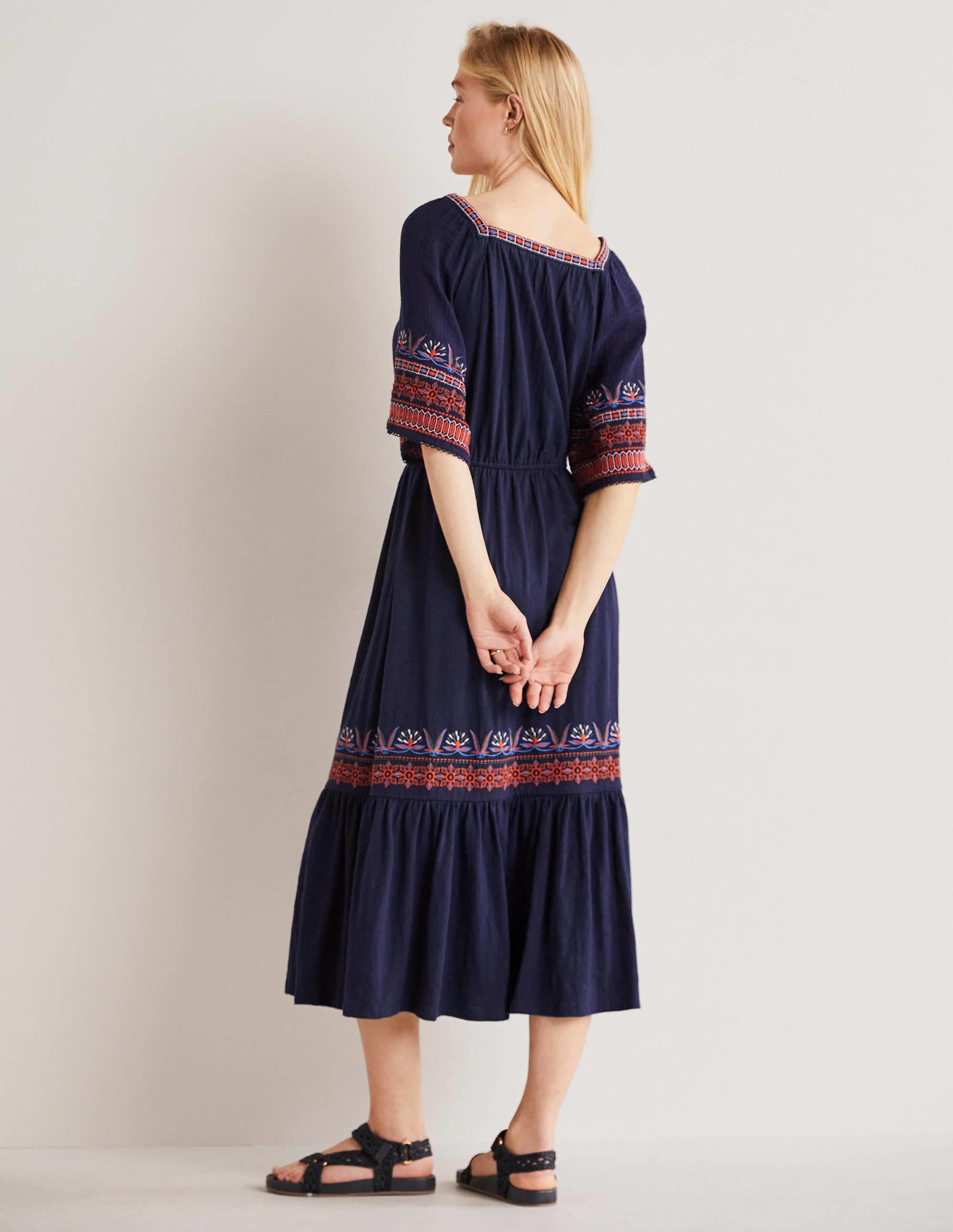 Jersey Embroidered Midi Dress-Navy - Image 3