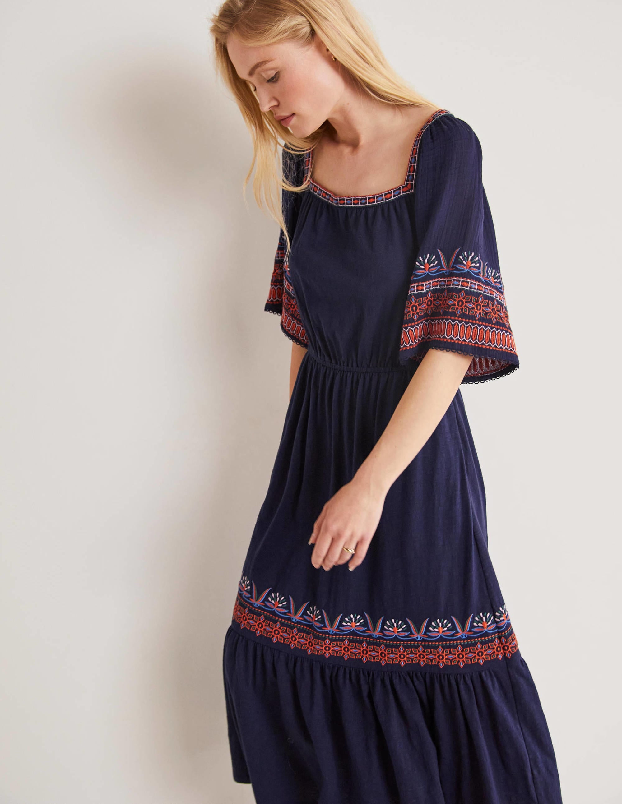 Jersey Embroidered Midi Dress-Navy - Image 4