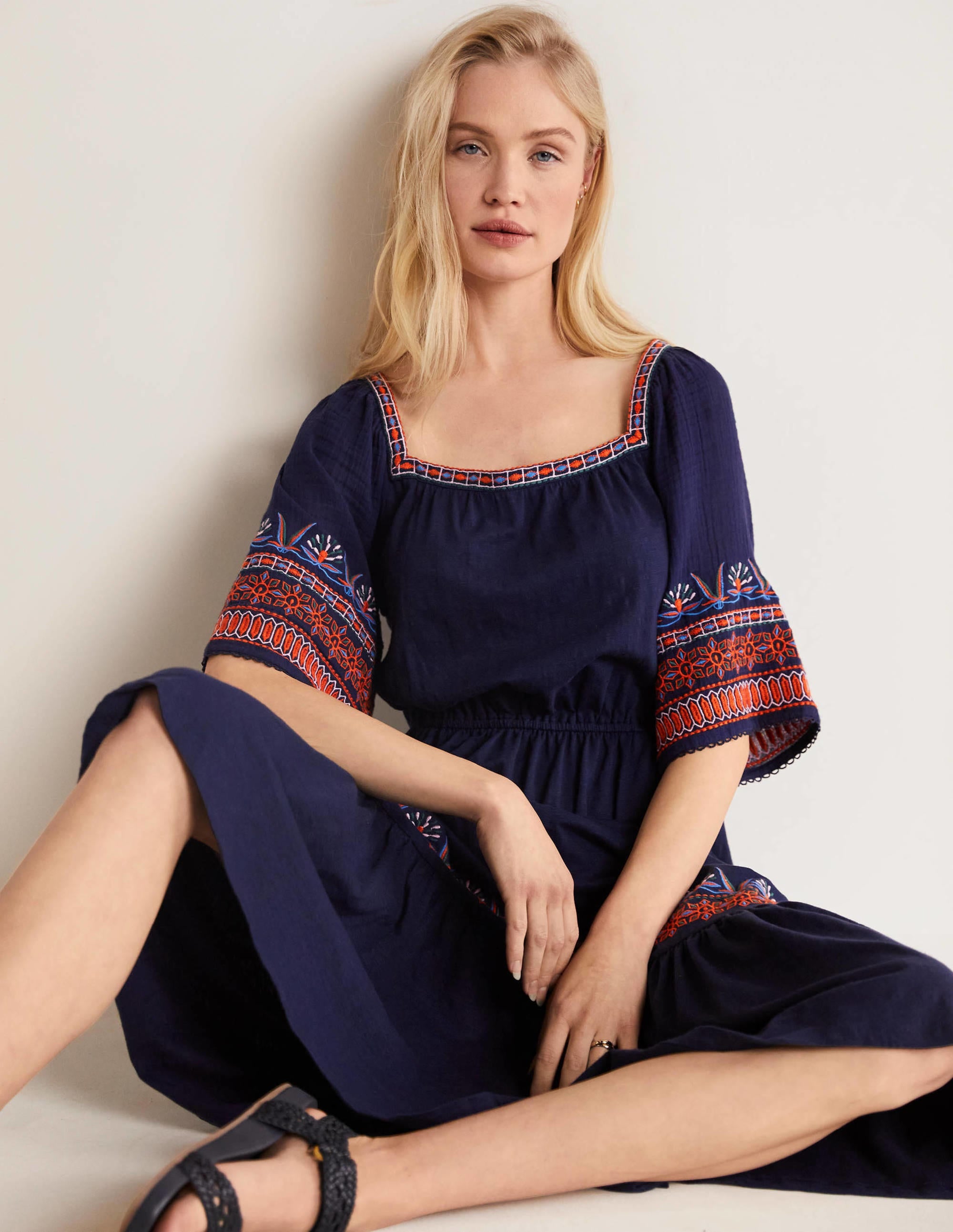 Jersey Embroidered Midi Dress-Navy - Image 5