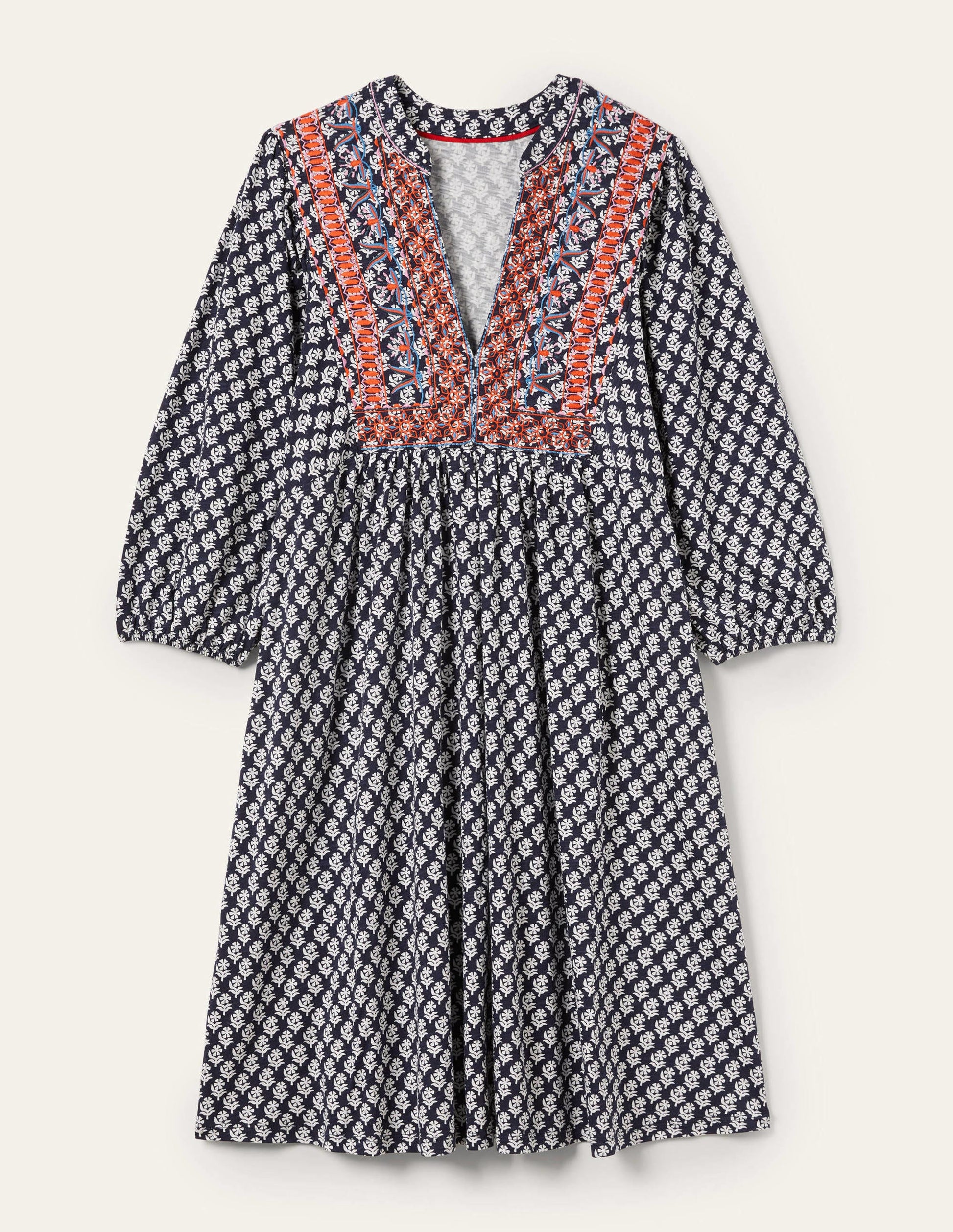 Jerseykleid mit Stickerei-Navy, Holzschnitt-Blumenmuster-6