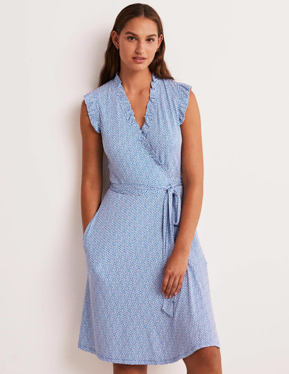 Jerseykleid mit fixierter Wickeloptik und Rüschen-Glockenblumenblau, Geometrisches Blumenmuster