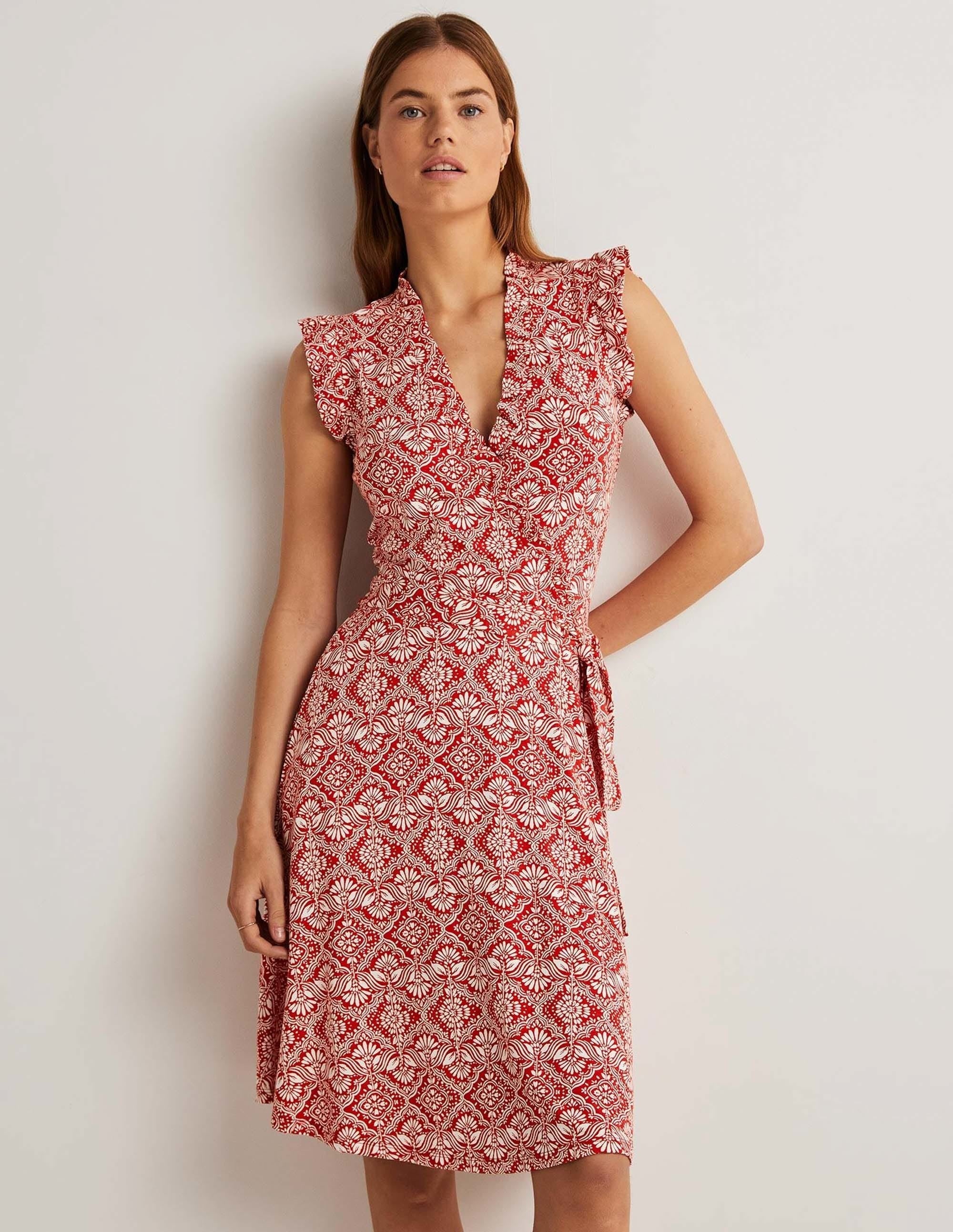 Jerseykleid mit fixierter Wickeloptik und Rüschen-Aurora-Rot, Orientalisches Diamantmuster - Image 1