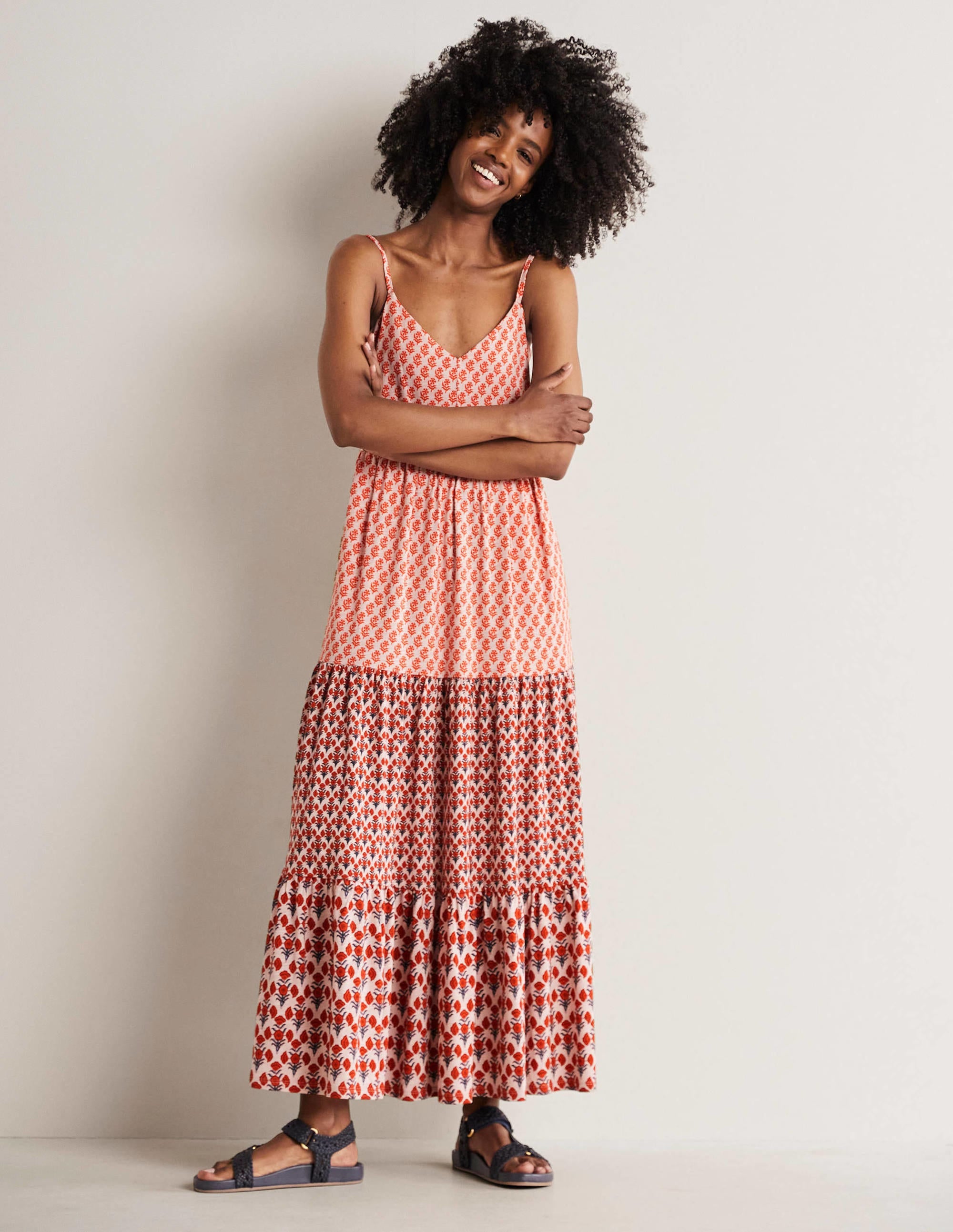 Robe longue à bretelles en jersey-Milkshake, motif Woodblock Bloom - Image 1