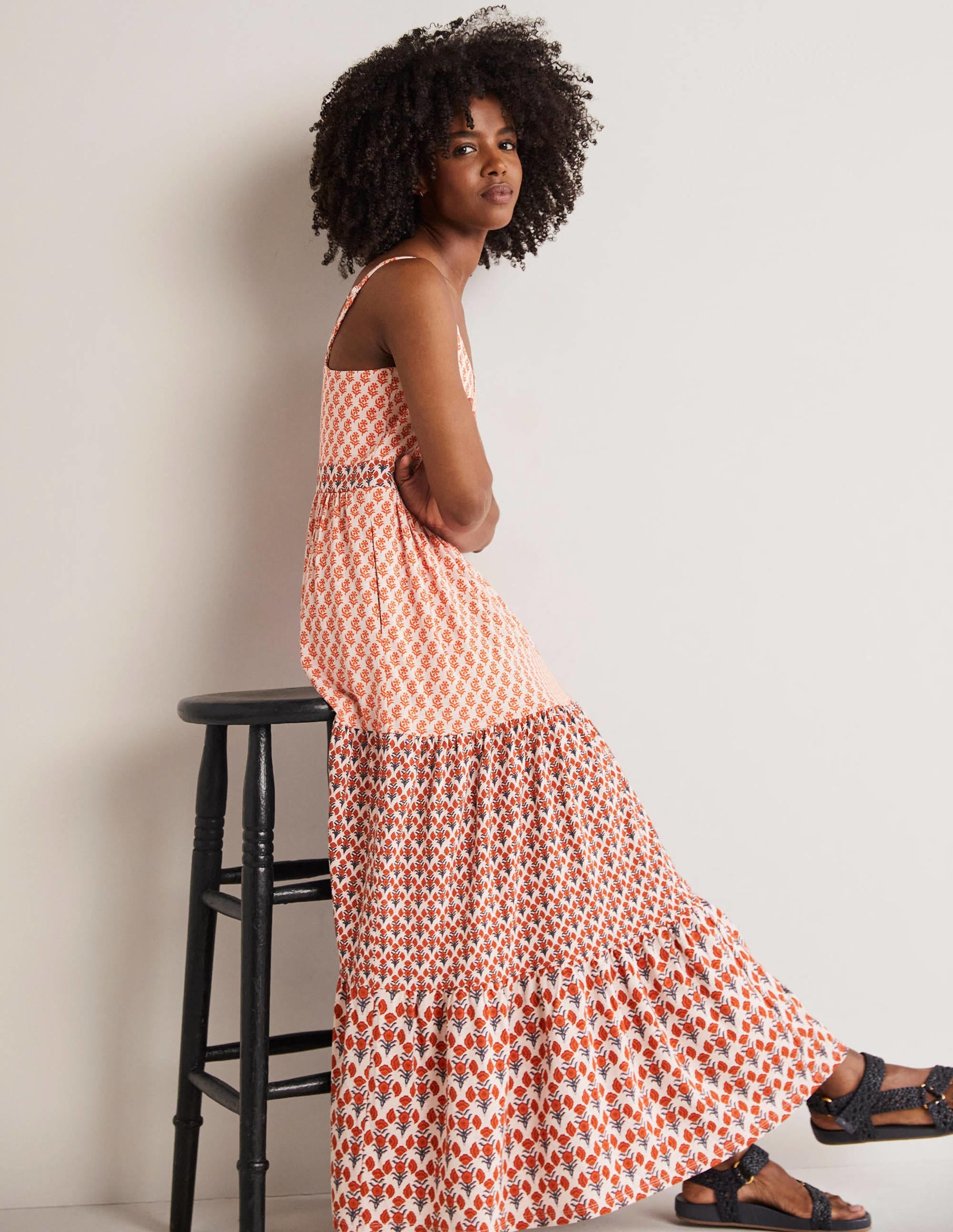Robe longue à bretelles en jersey-Milkshake, motif Woodblock Bloom - Image 4