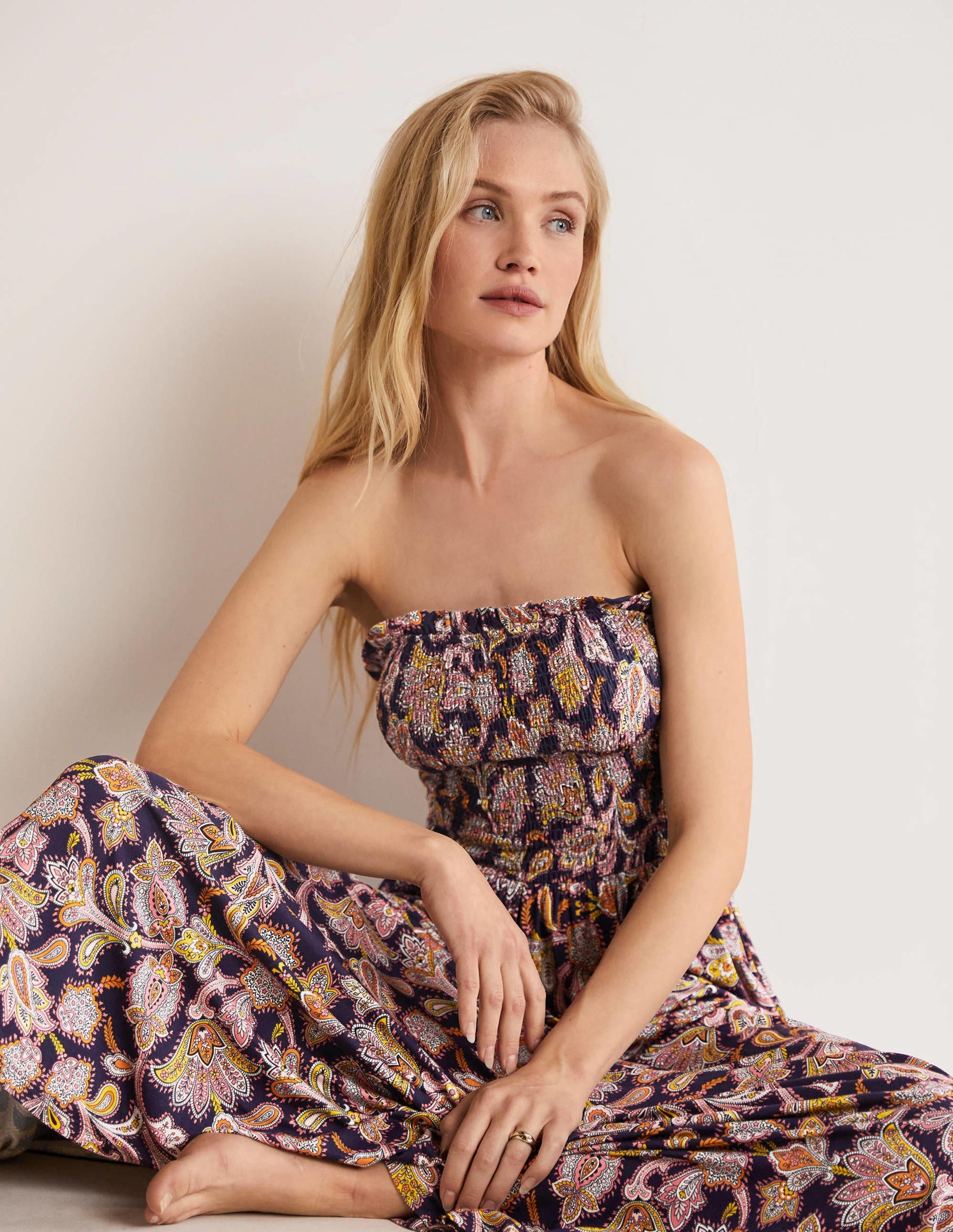 Strapless Jersey Maxi Dress-French Navy, Paisley Bud-4