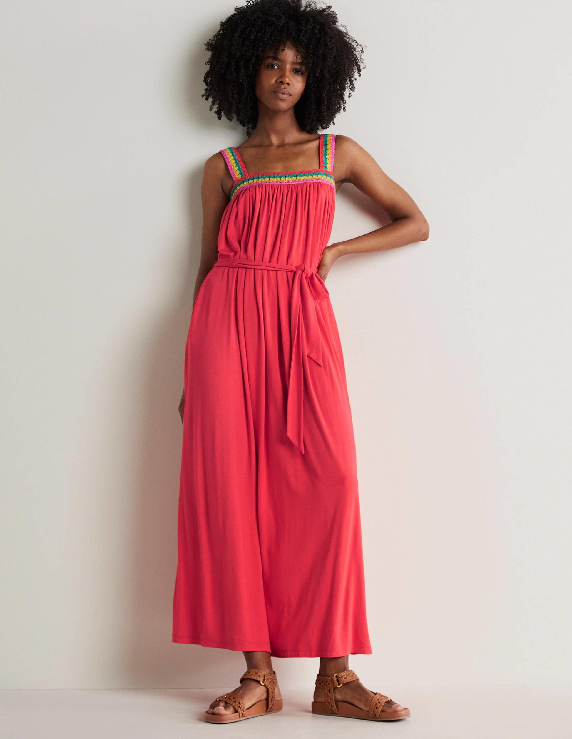 Robe longue en jersey avec détails crochetés-Corail vif-1