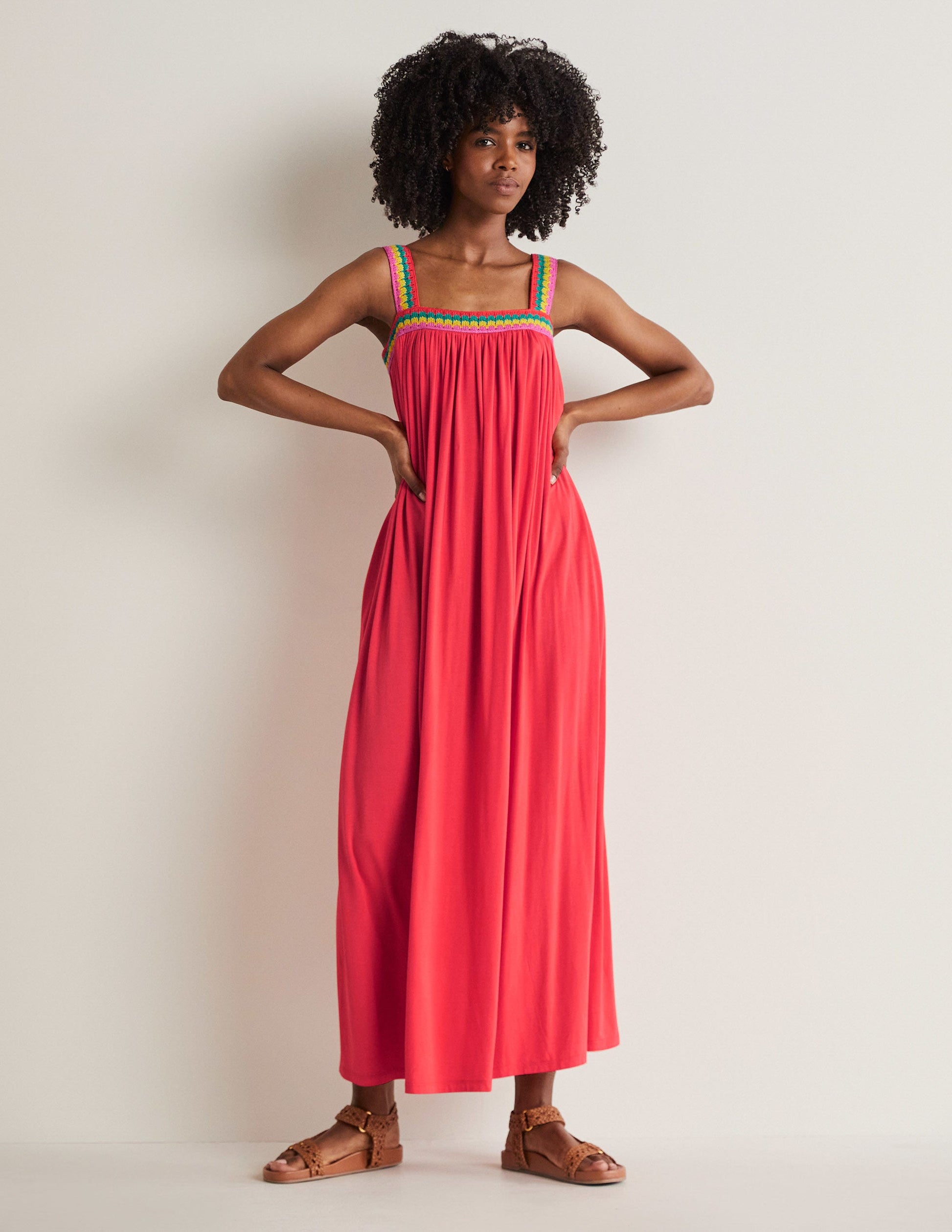 Robe longue en jersey avec détails crochetés-Corail vif-4