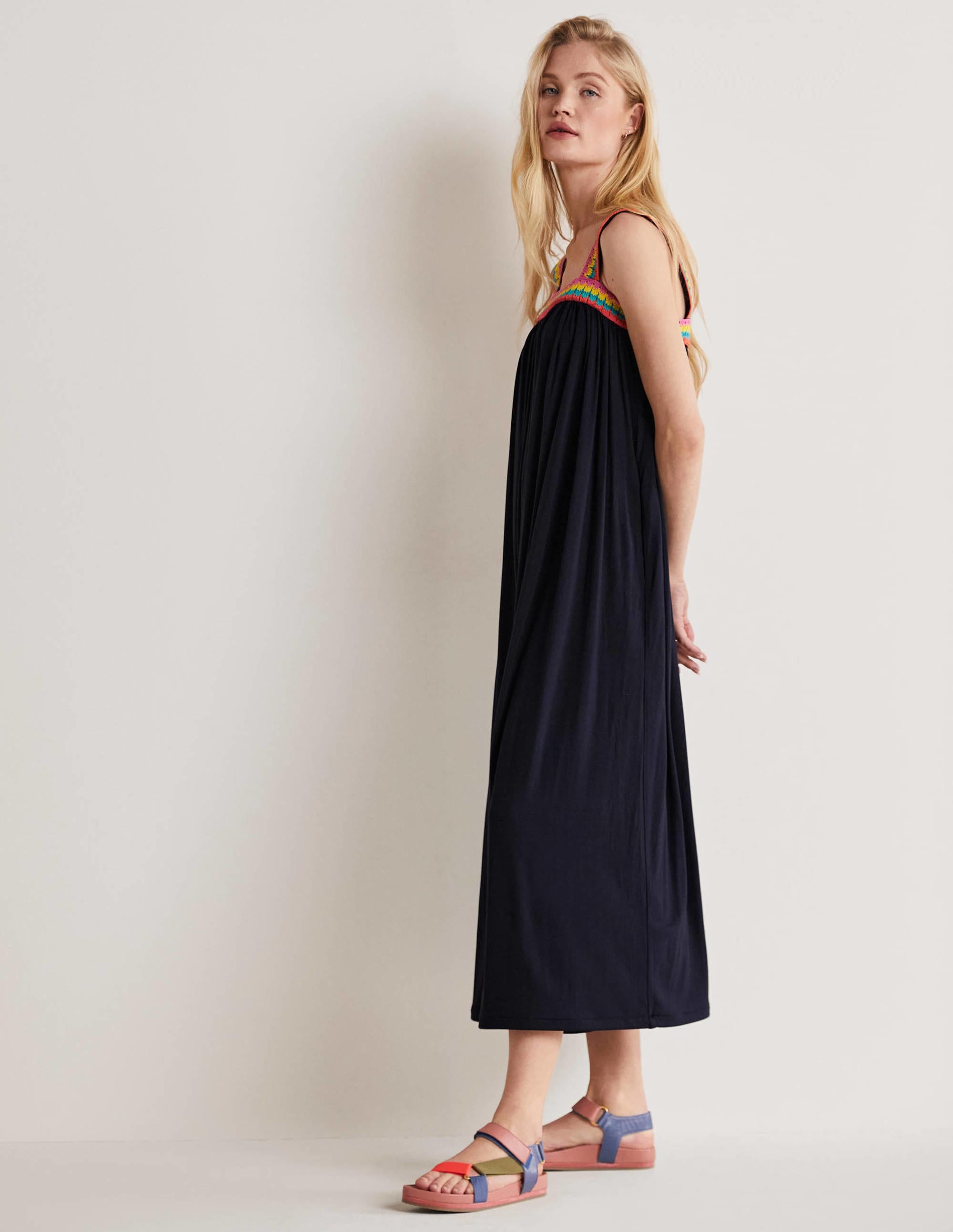 Robe longue en jersey avec détails crochetés-Bleu marine - Image 3