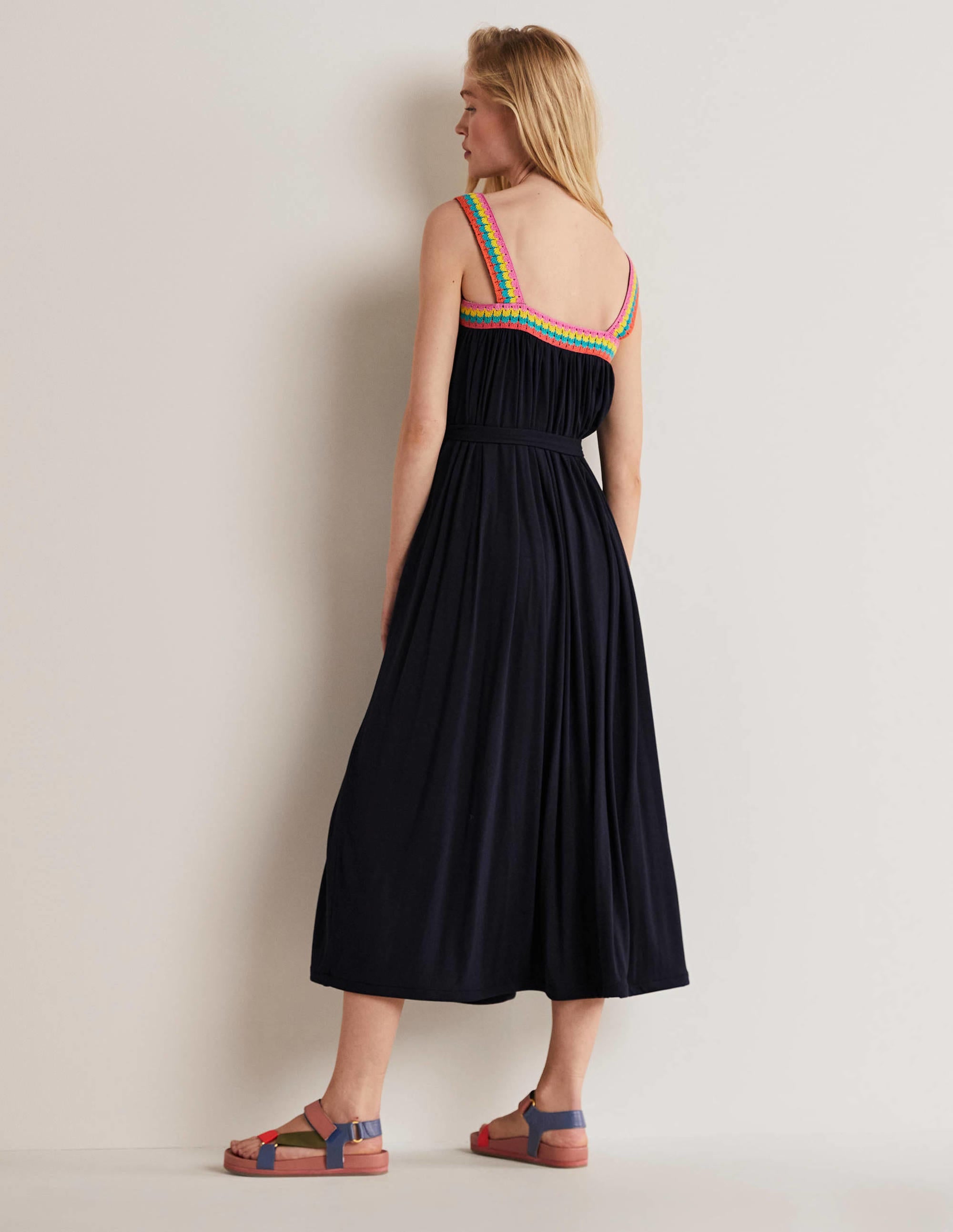 Robe longue en jersey avec détails crochetés-Bleu marine - Image 5