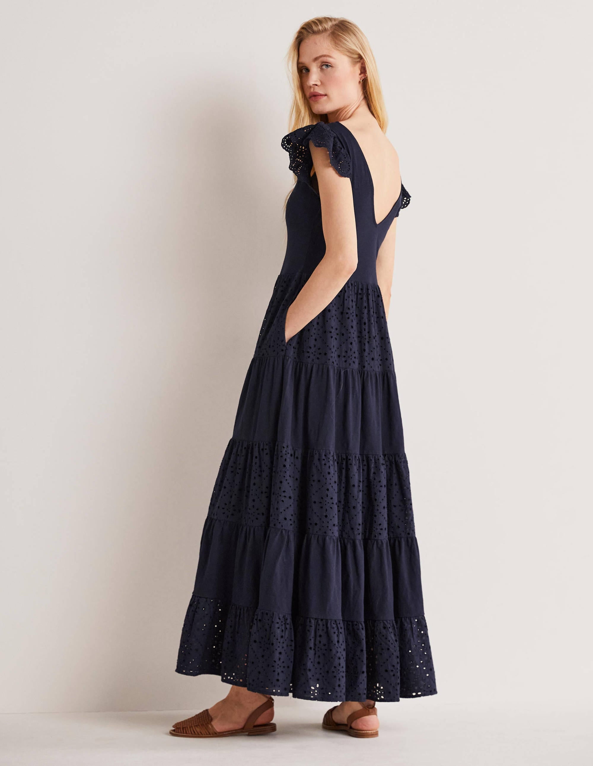 Maxikleid aus Jersey mit Lochstickereimix-Marineblau - Image 4