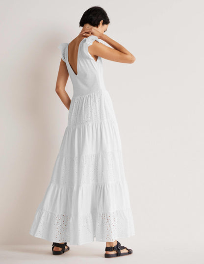 Maxikleid aus Jersey mit Lochstickereimix-Weiß