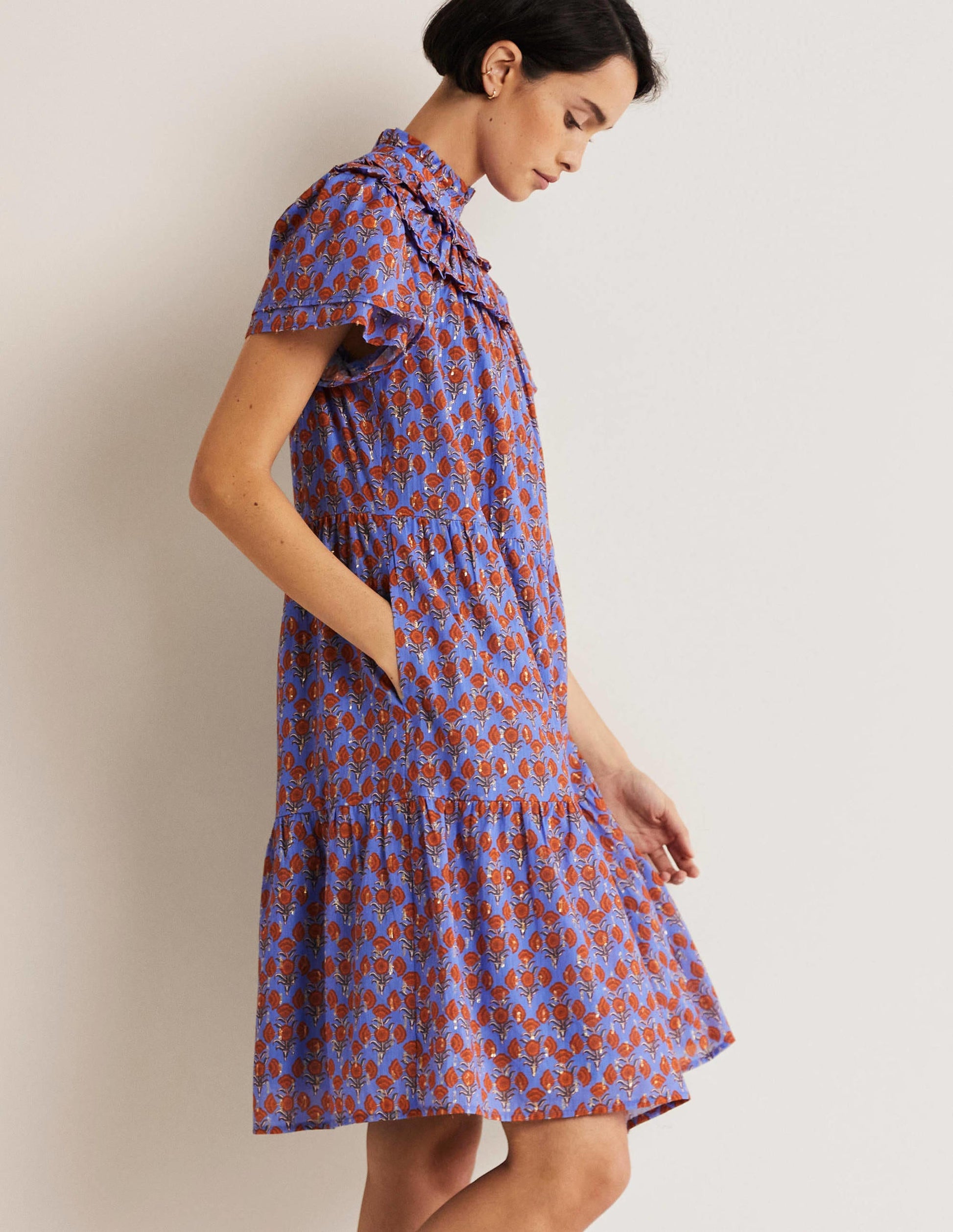 Robe froncée et métallisée-Bleu mosaïque, motif Poppy Geo-1