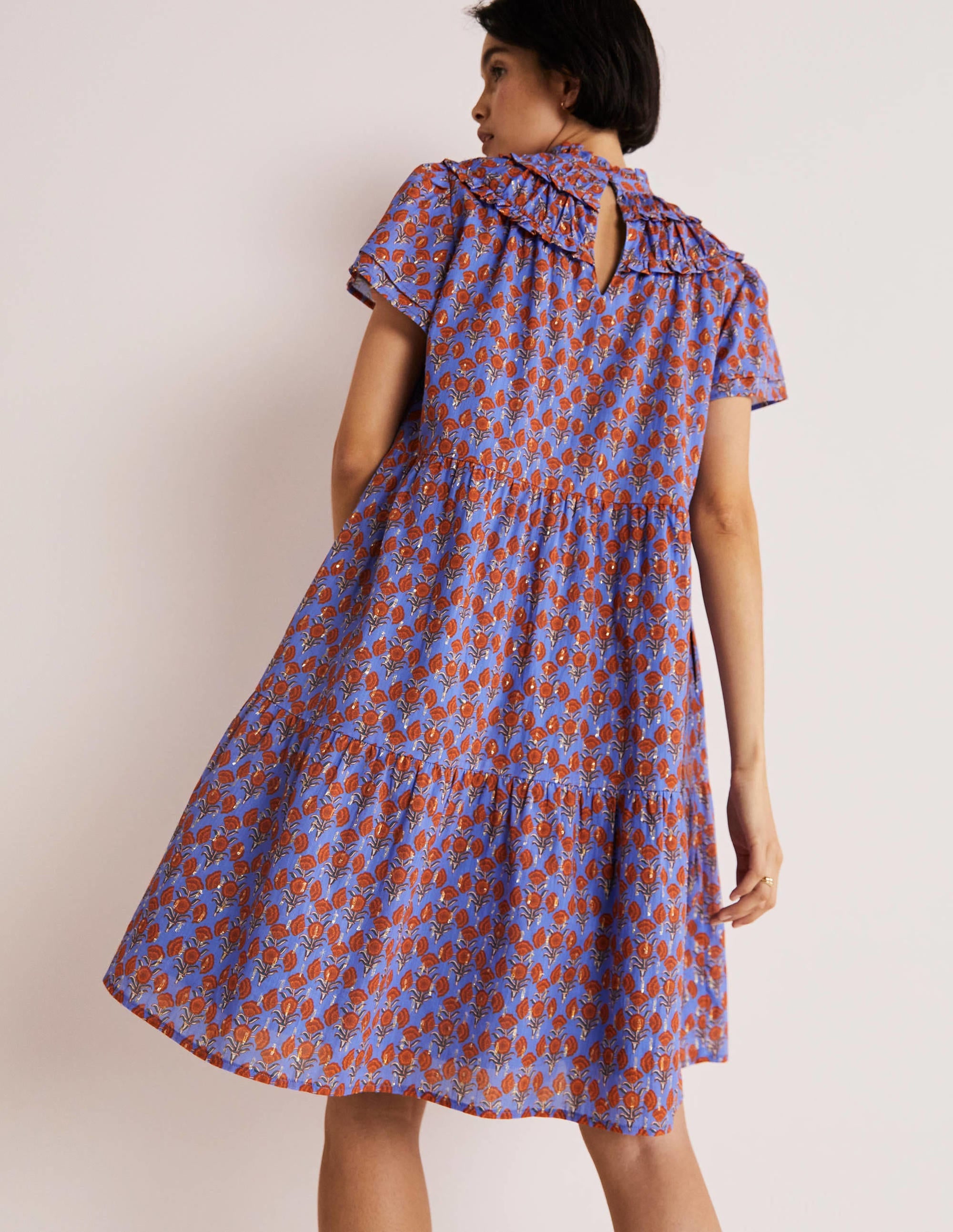 Robe froncée et métallisée-Bleu mosaïque, motif Poppy Geo - Image 3