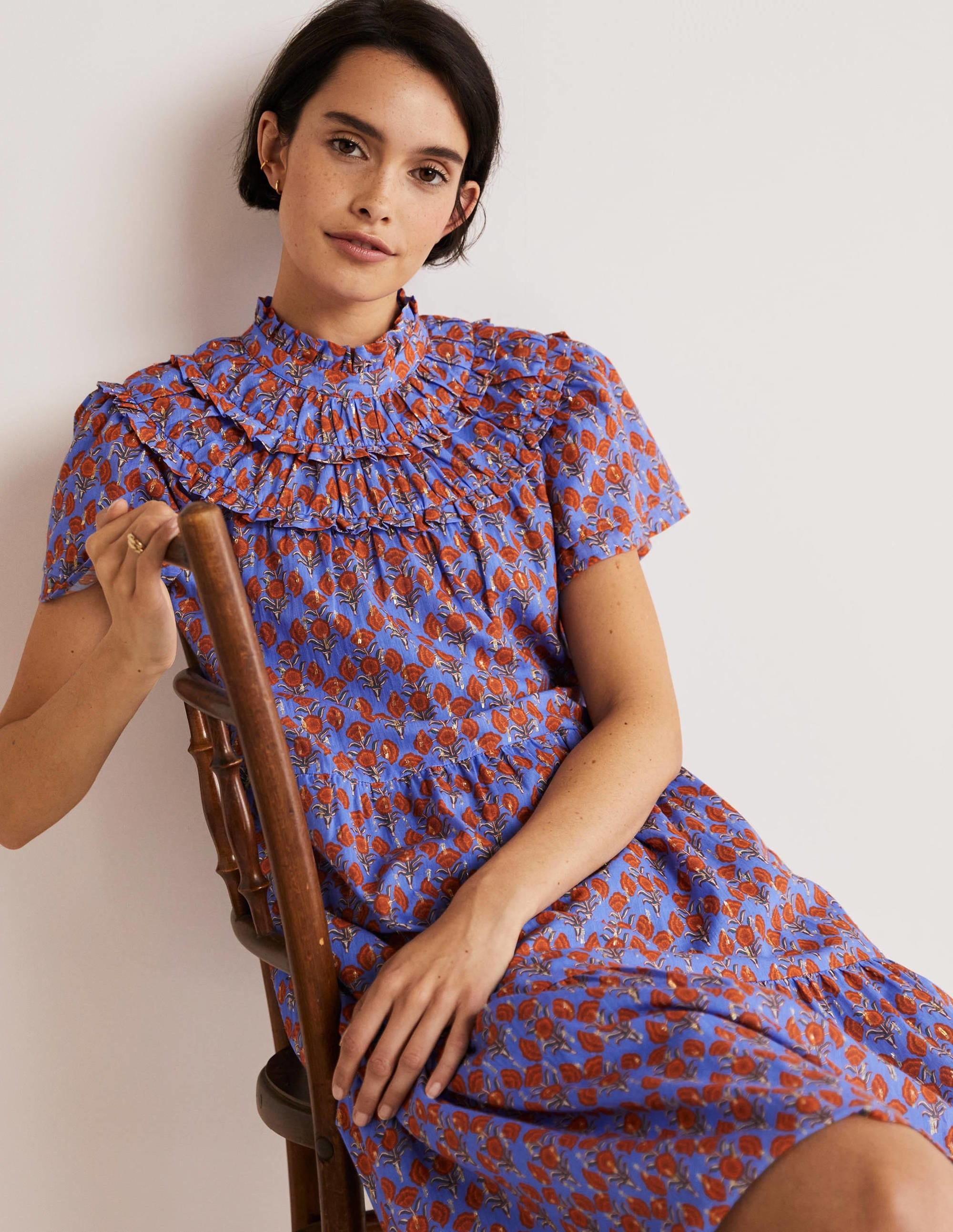 Robe froncée et métallisée-Bleu mosaïque, motif Poppy Geo - Image 4