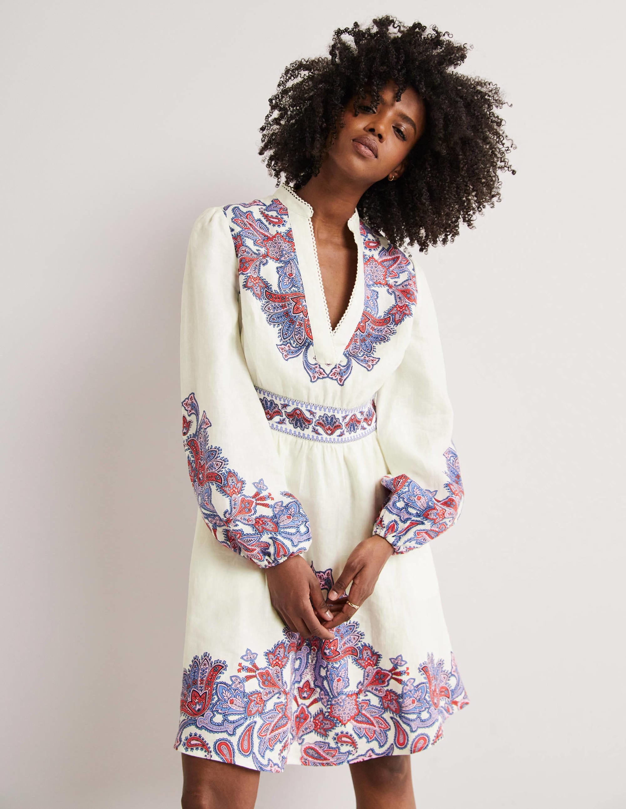 Mini-robe Flora en lin-Ivoire, motif Paisley Bud - Image 1