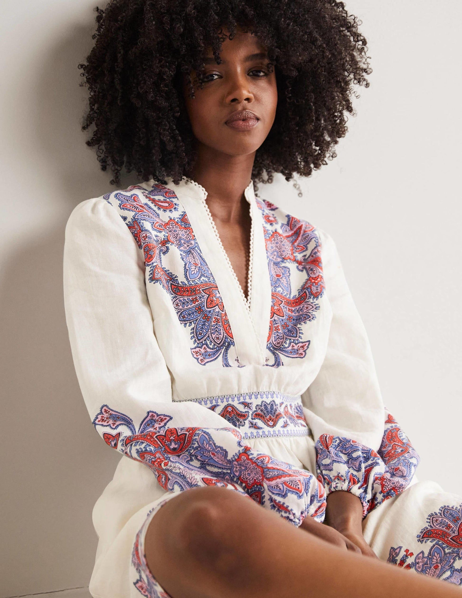 Mini-robe Flora en lin-Ivoire, motif Paisley Bud-4