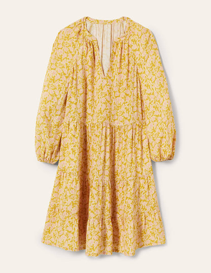 Gestuftes Kleid mit gekerbtem Ausschnitt-Buttergelb, Wildblumen