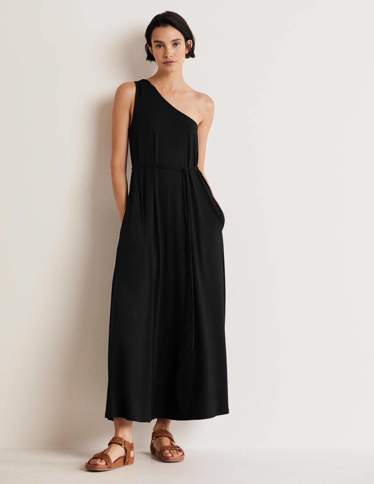 One-Shoulder-Midikleid aus Jersey-Schwarz