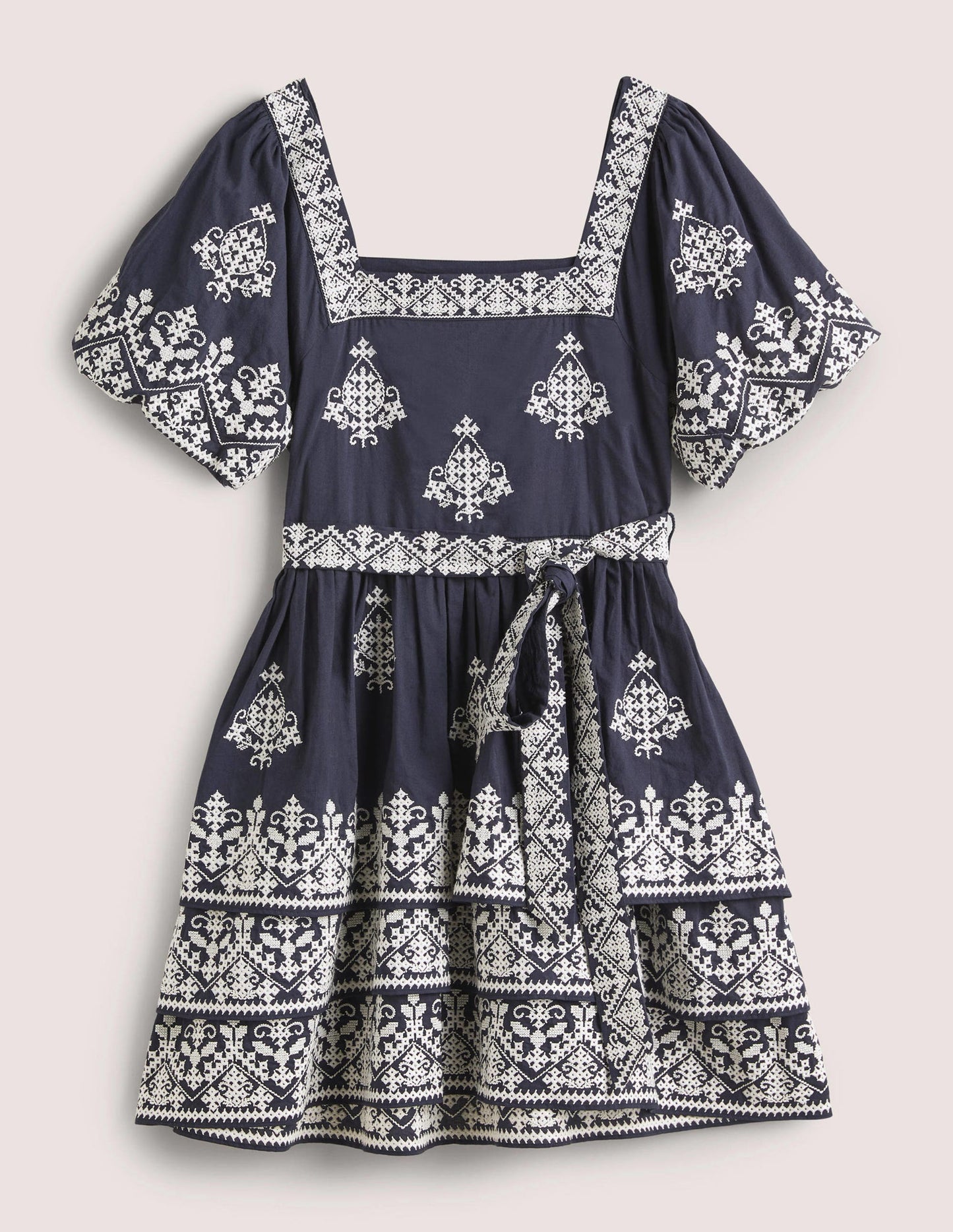 Flatterkleid mit eckigem Ausschnitt-Navy/Naturweiß, Stickerei