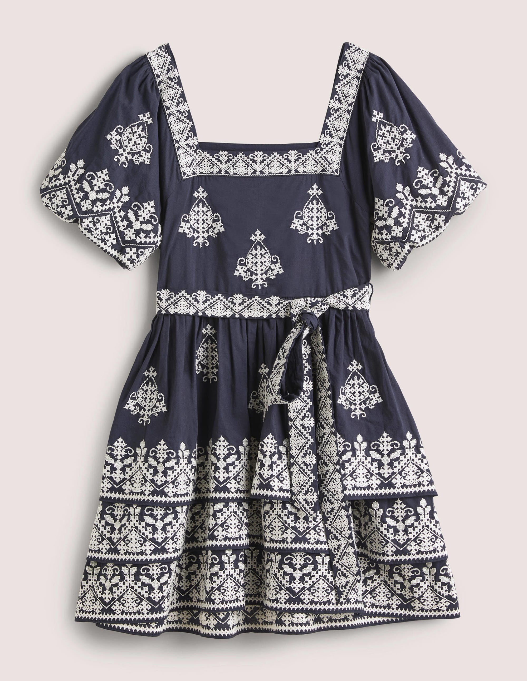 Robe style 80s à col carré-Bleu marine, broderie ivoire - Image 9