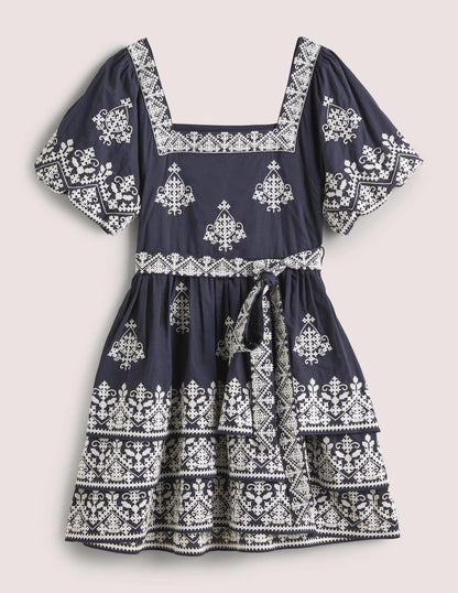 Flatterkleid mit eckigem Ausschnitt-Navy/Naturweiß, Stickerei-9