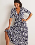 Midikleid aus Jersey mit geraffter Taille-Französisches Navy, Tulpenmuster