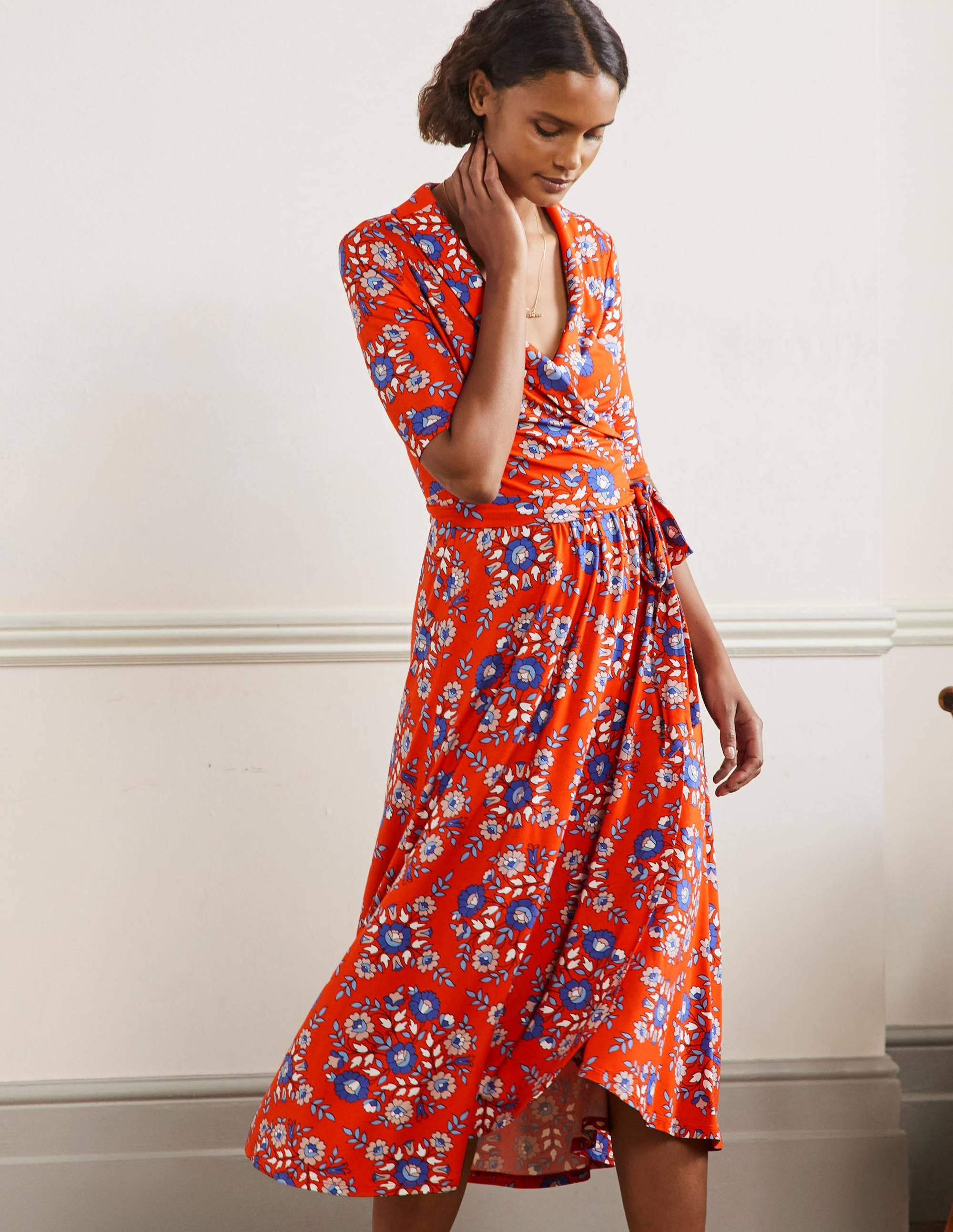 Lavinia Jersey Wrap Dress-Papaya, Wildflower Prairie - Image 1