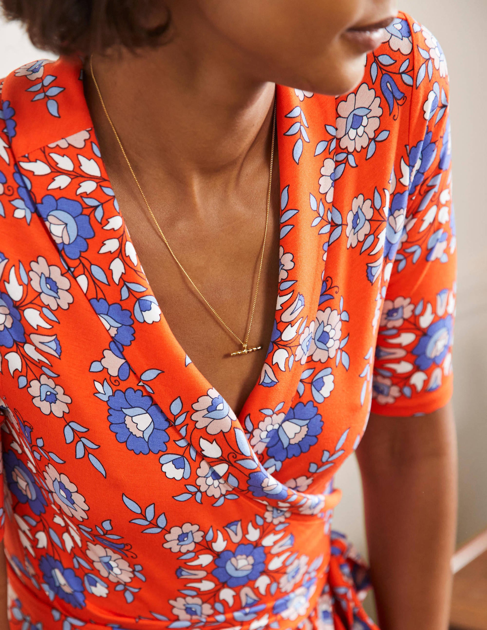 Lavinia Jersey Wrap Dress-Papaya, Wildflower Prairie - Image 5