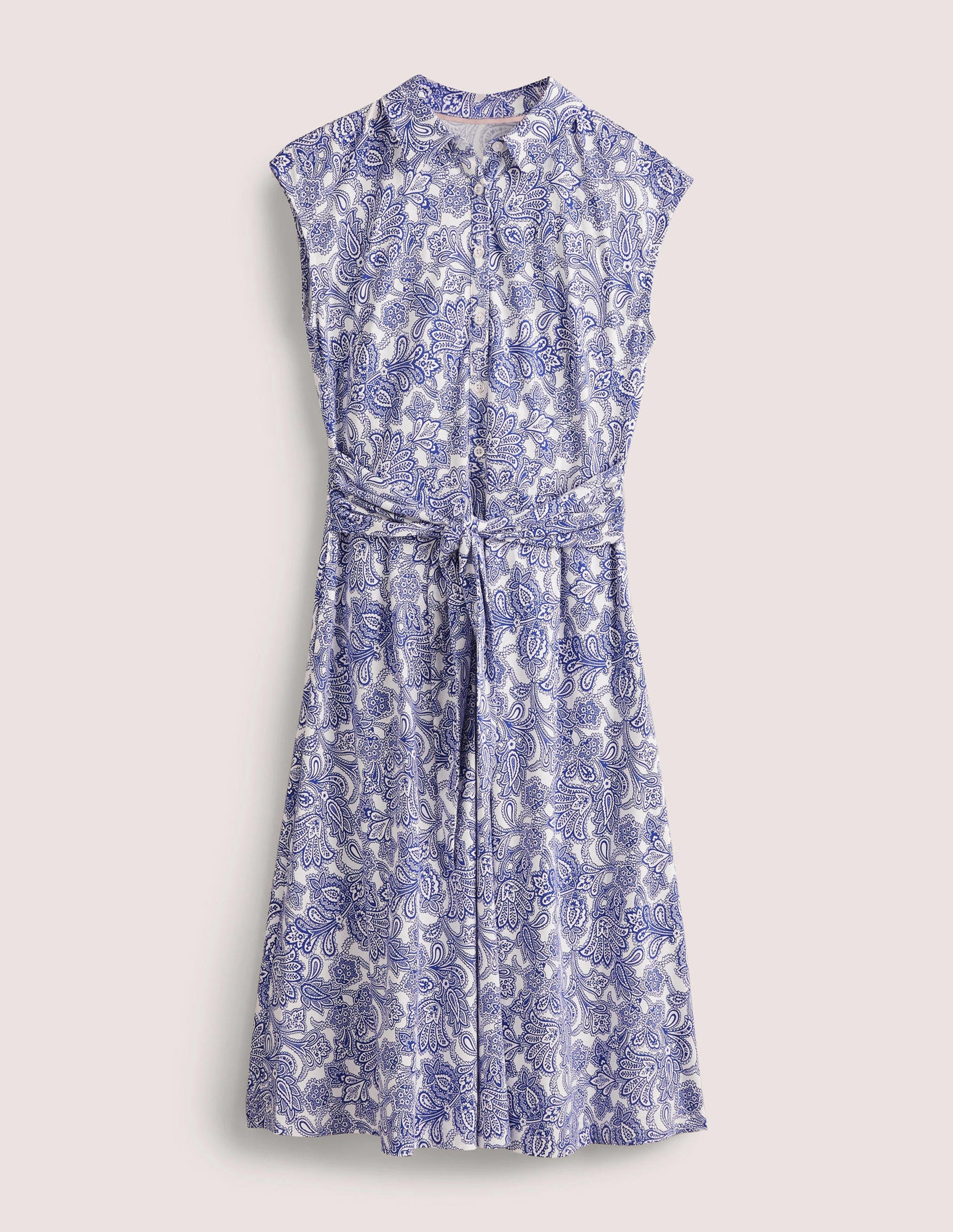 Jersey-Hemdblusenkleid mit Taillengürtel-Meeresblau, Paisley-Knospen-6