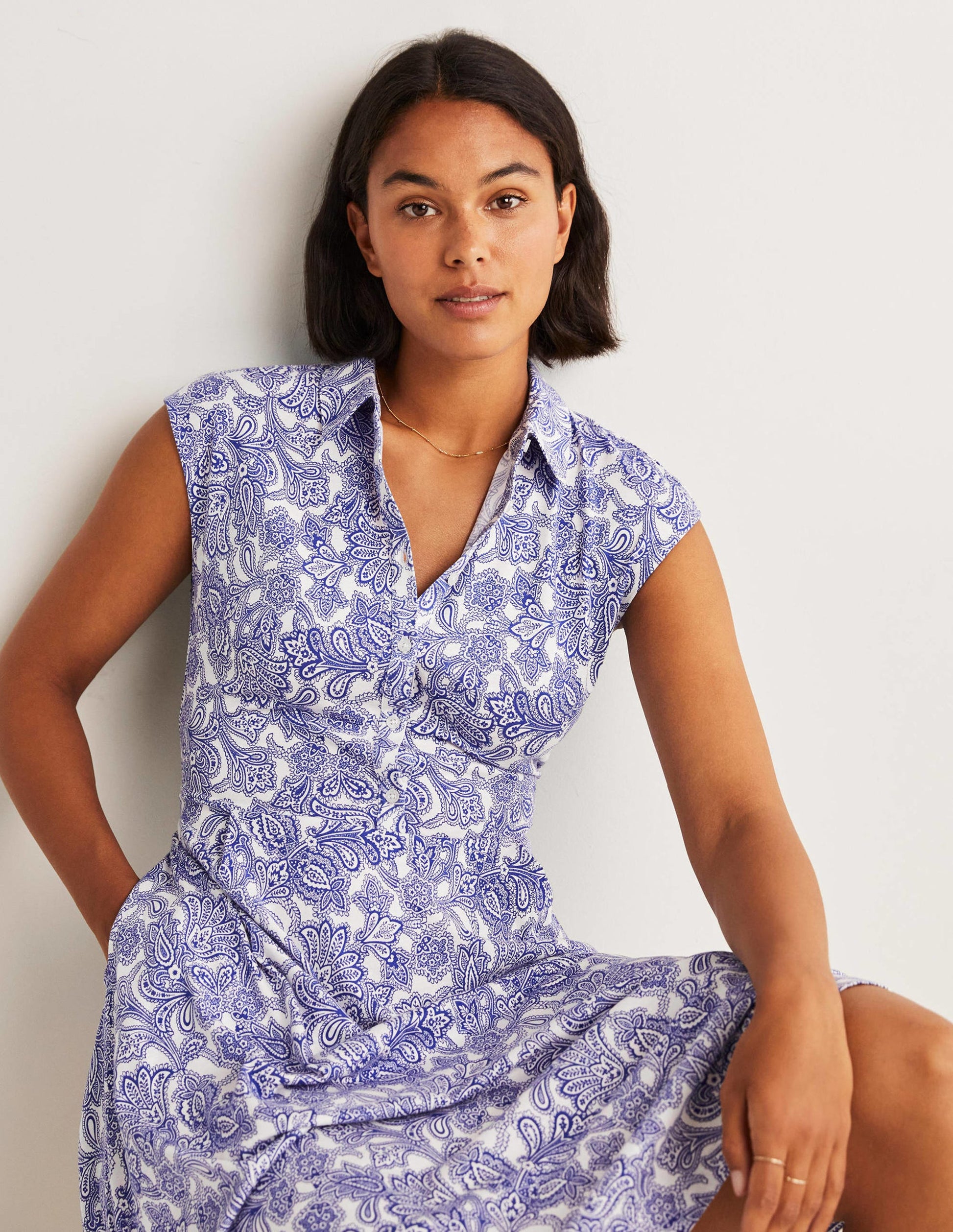 Jersey-Hemdblusenkleid mit Taillengürtel-Meeresblau, Paisley-Knospen-4